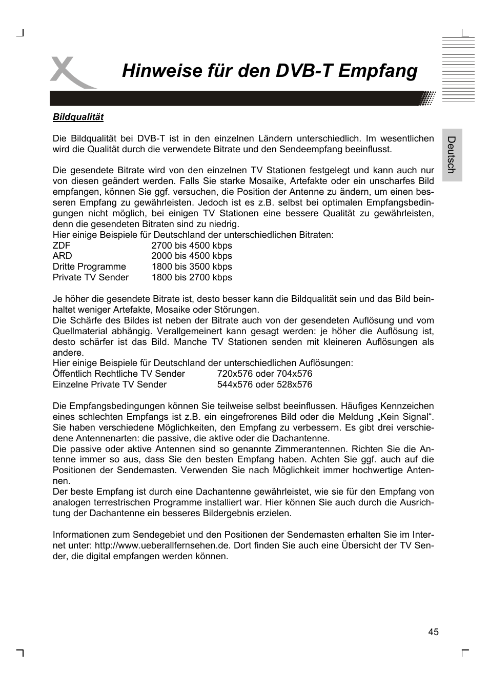 Hinweise für den dvb-t empfang | Xoro HTC 1926D User Manual | Page 45 / 304