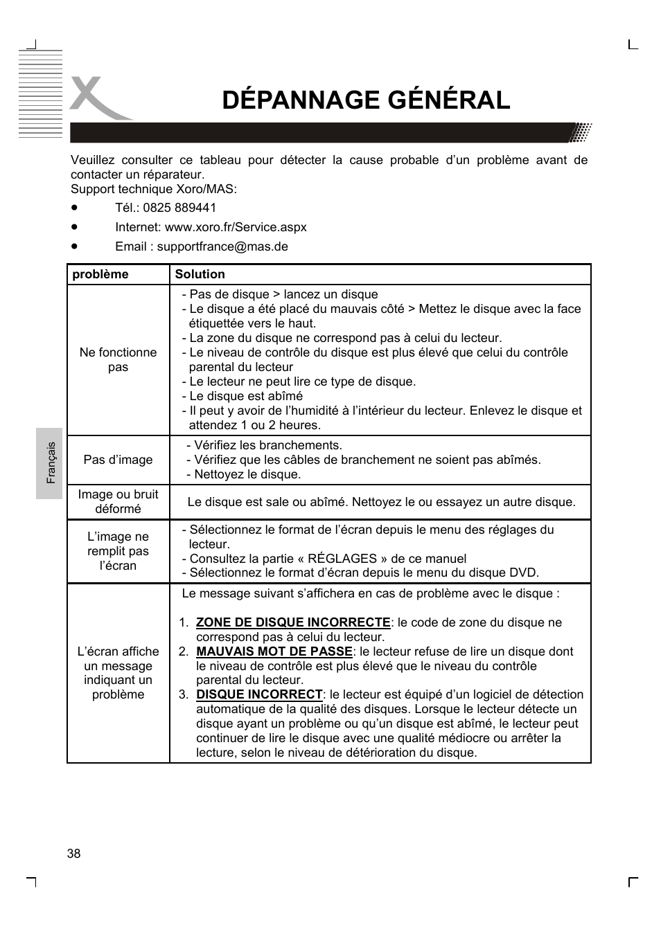 Dépannage général | Xoro HTC 1525D User Manual | Page 166 / 213