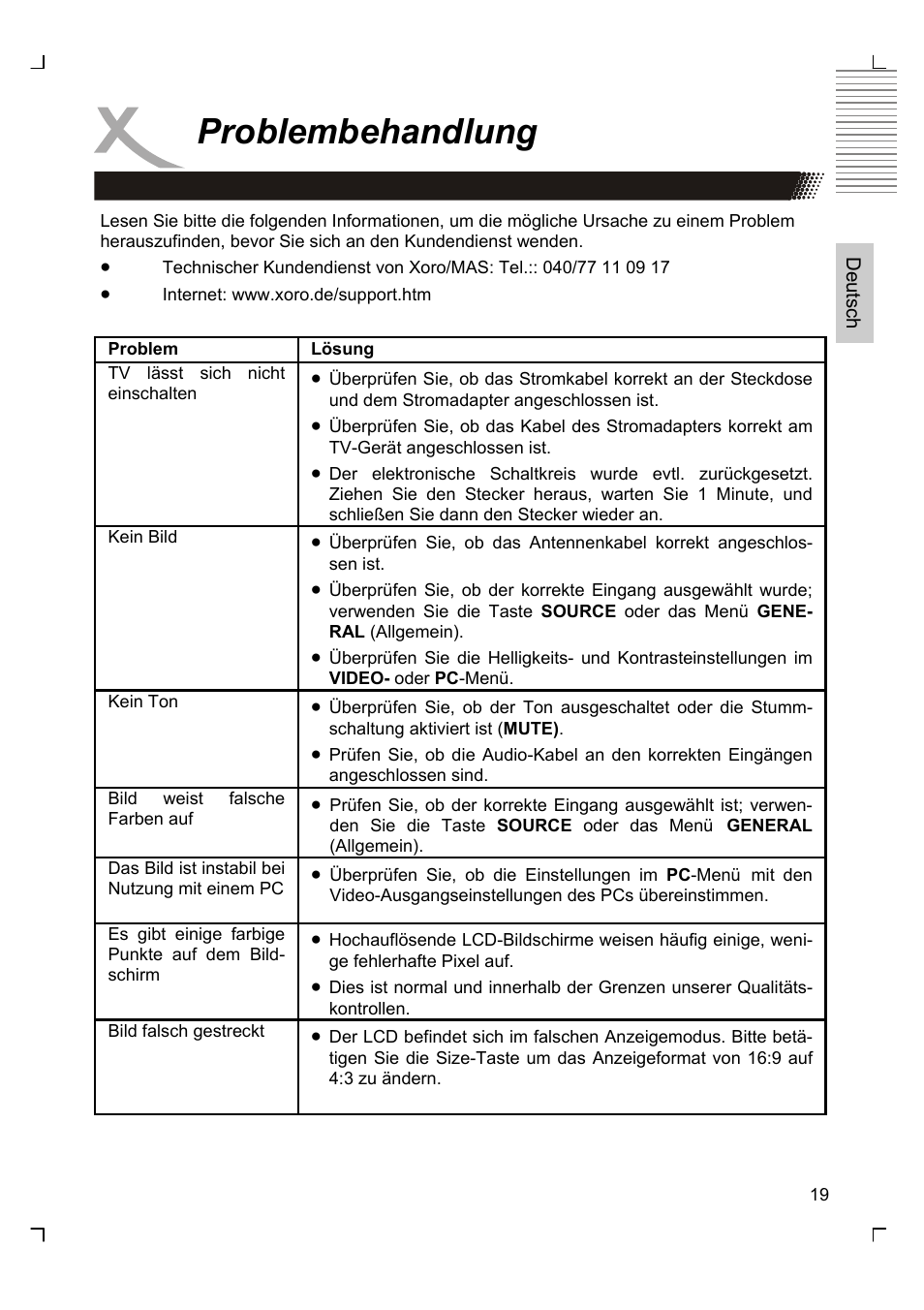 Problembehandlung | Xoro HTC 1525D User Manual | Page 19 / 213