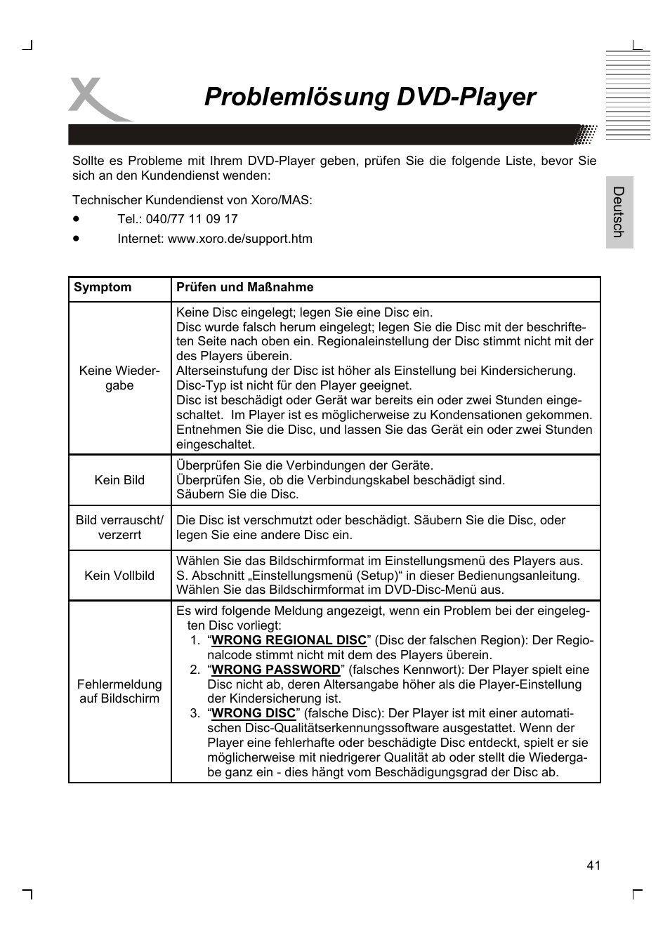 Problemlösung dvd-player | Xoro HTC 1525D User Manual | Page 41 / 213