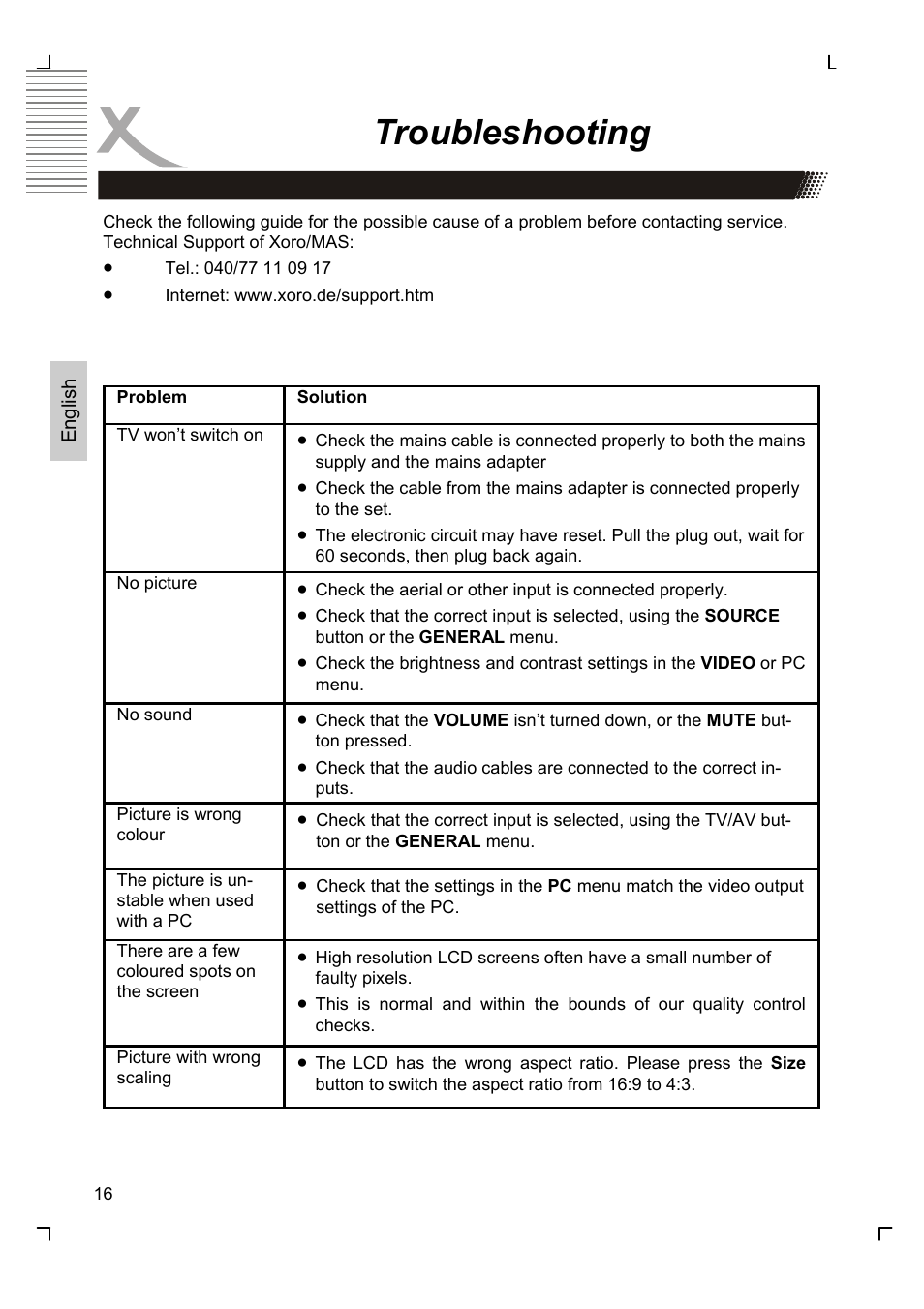 Troubleshooting | Xoro HTC 1525D User Manual | Page 60 / 213