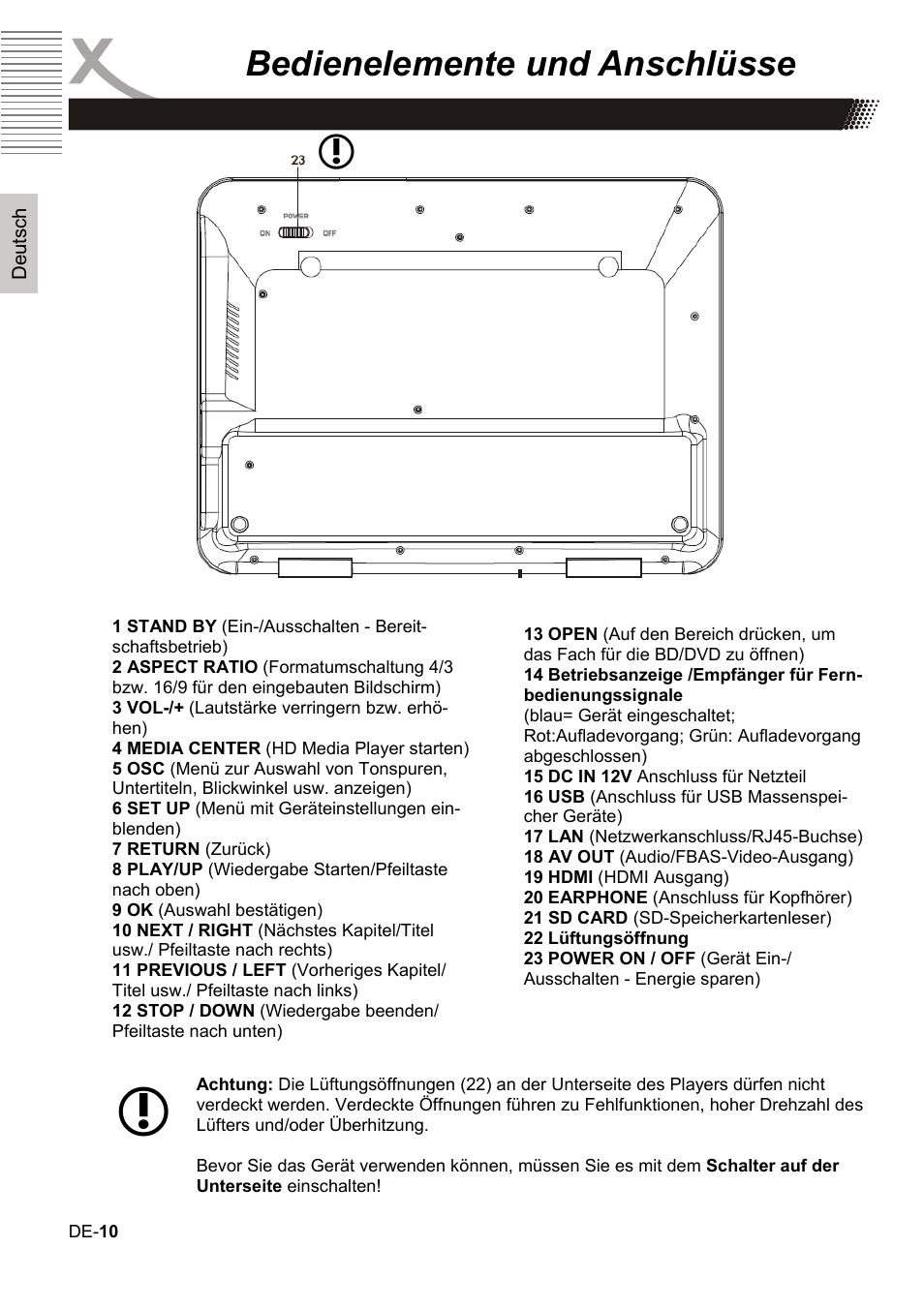 Bedienelemente und anschlüsse | Xoro HBD 1000 User Manual | Page 10 / 122