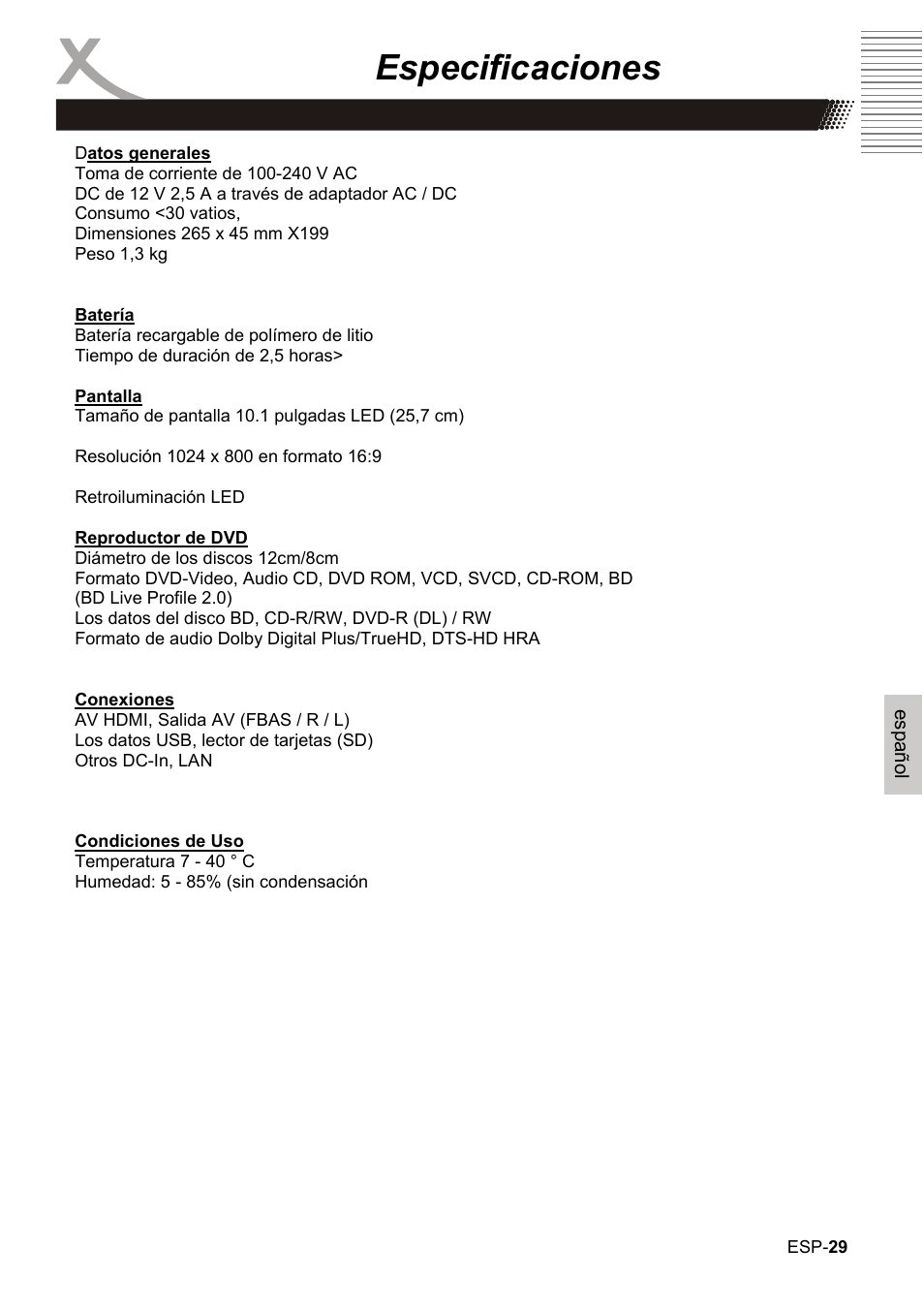 Especificaciones | Xoro HBD 1000 User Manual | Page 119 / 122
