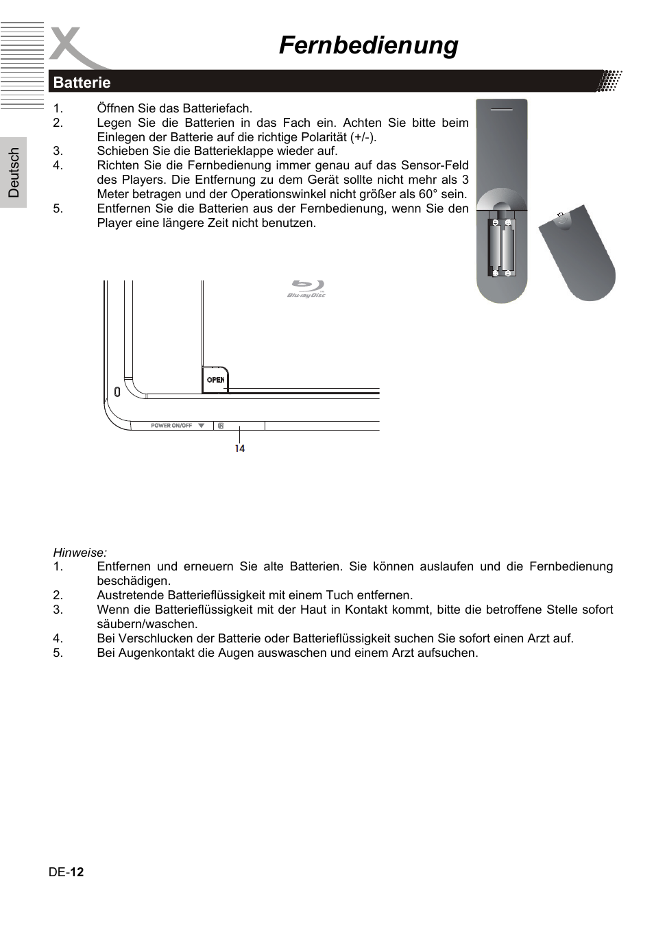 Fernbedienung | Xoro HBD 1000 User Manual | Page 12 / 122