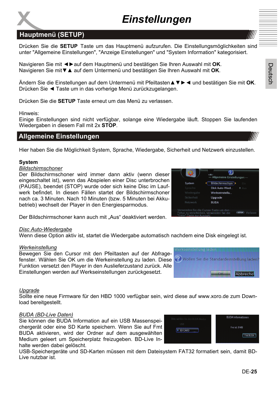 Einstellungen | Xoro HBD 1000 User Manual | Page 25 / 122
