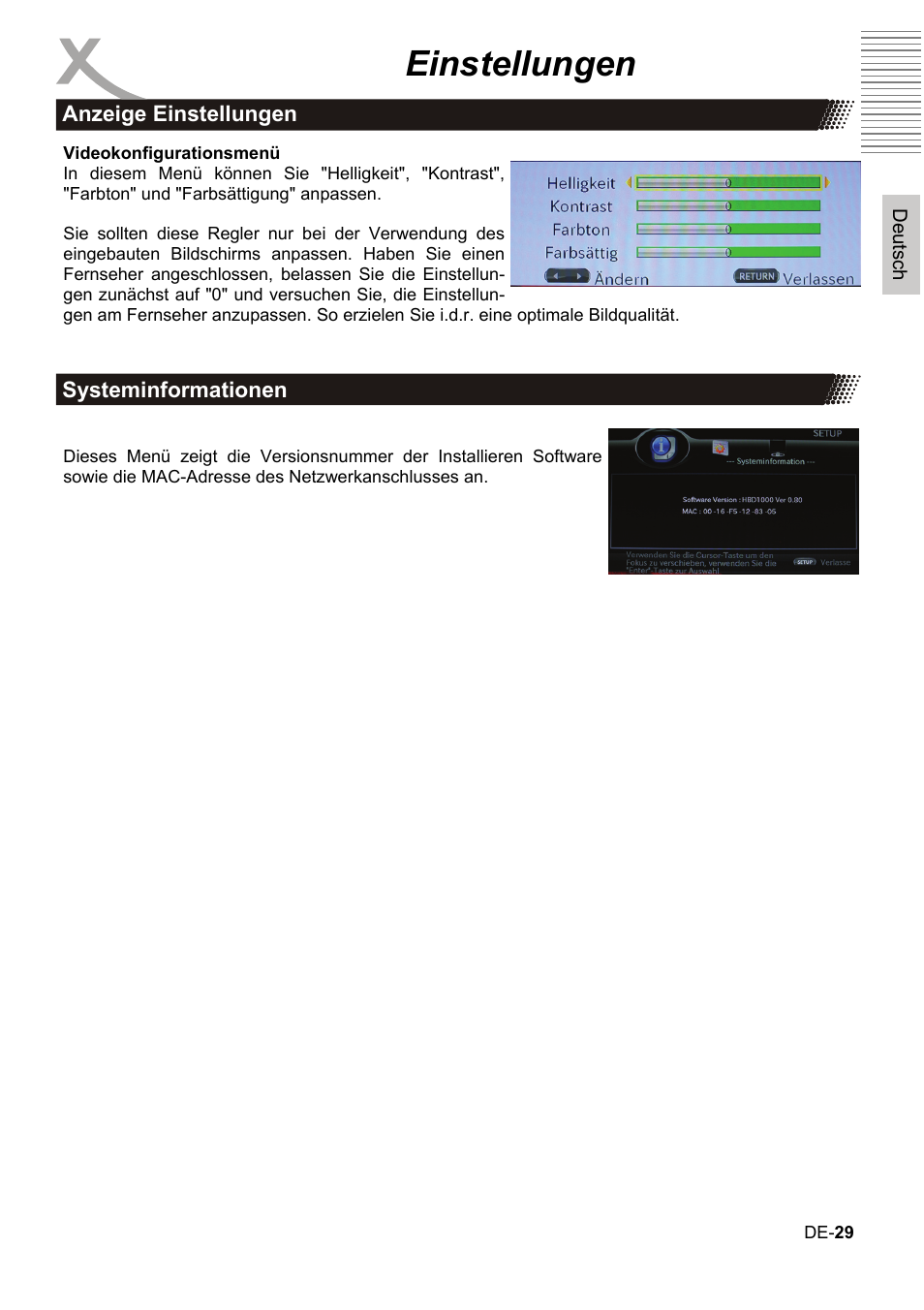 Einstellungen | Xoro HBD 1000 User Manual | Page 29 / 122