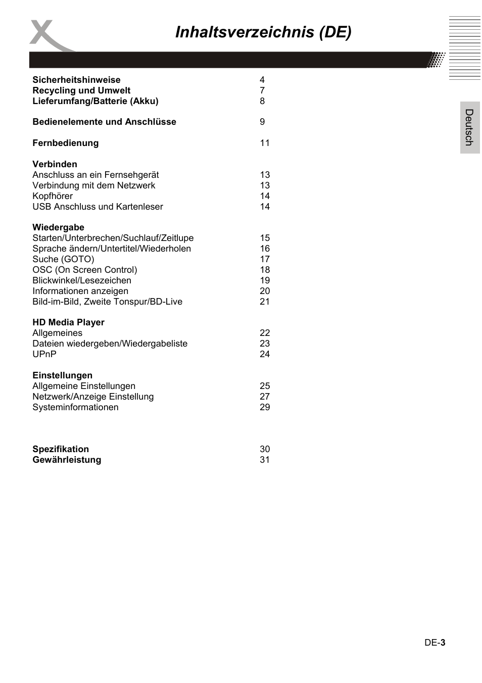 Inhaltsverzeichnis (de) | Xoro HBD 1000 User Manual | Page 3 / 122