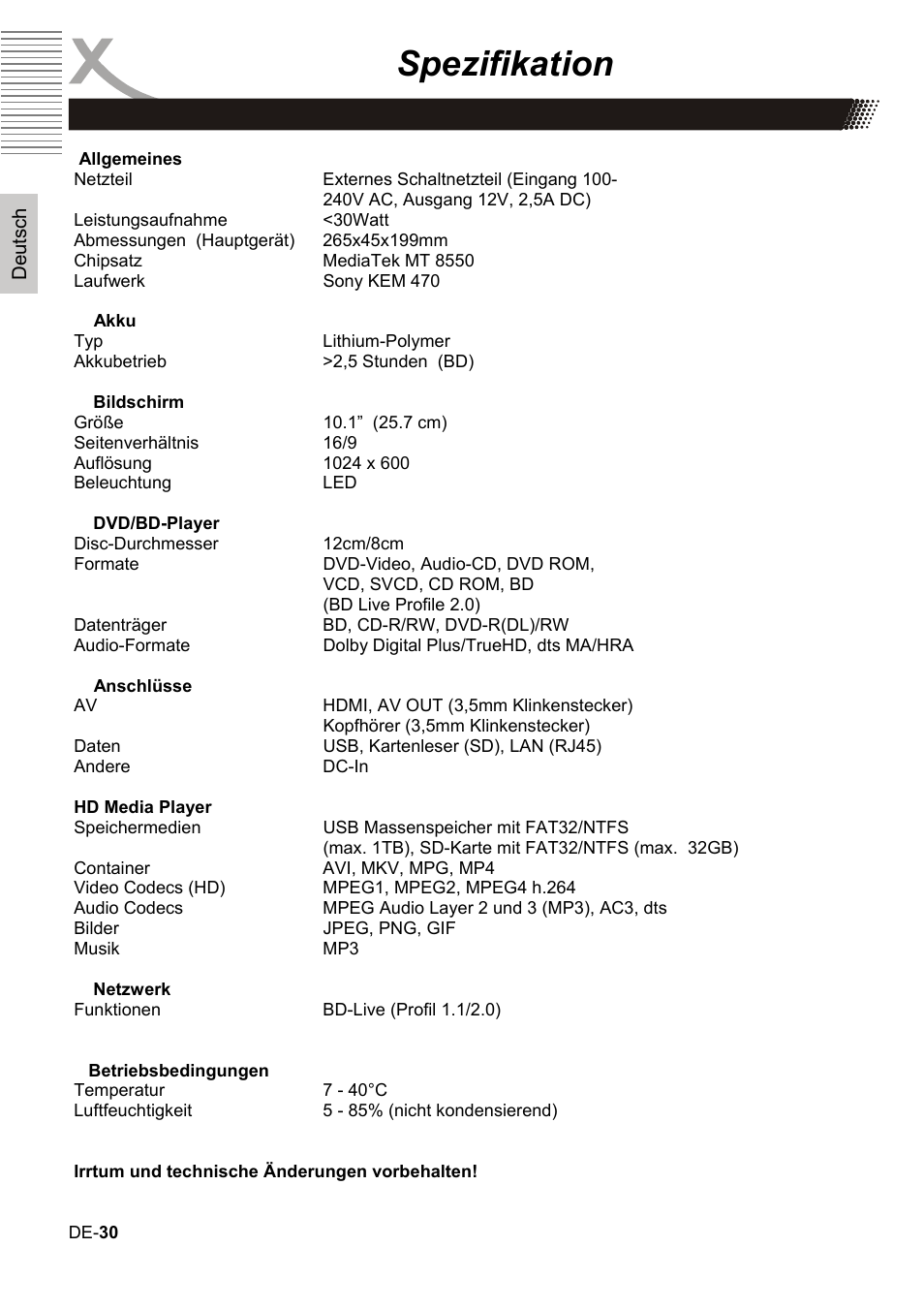 Spezifikation | Xoro HBD 1000 User Manual | Page 30 / 122
