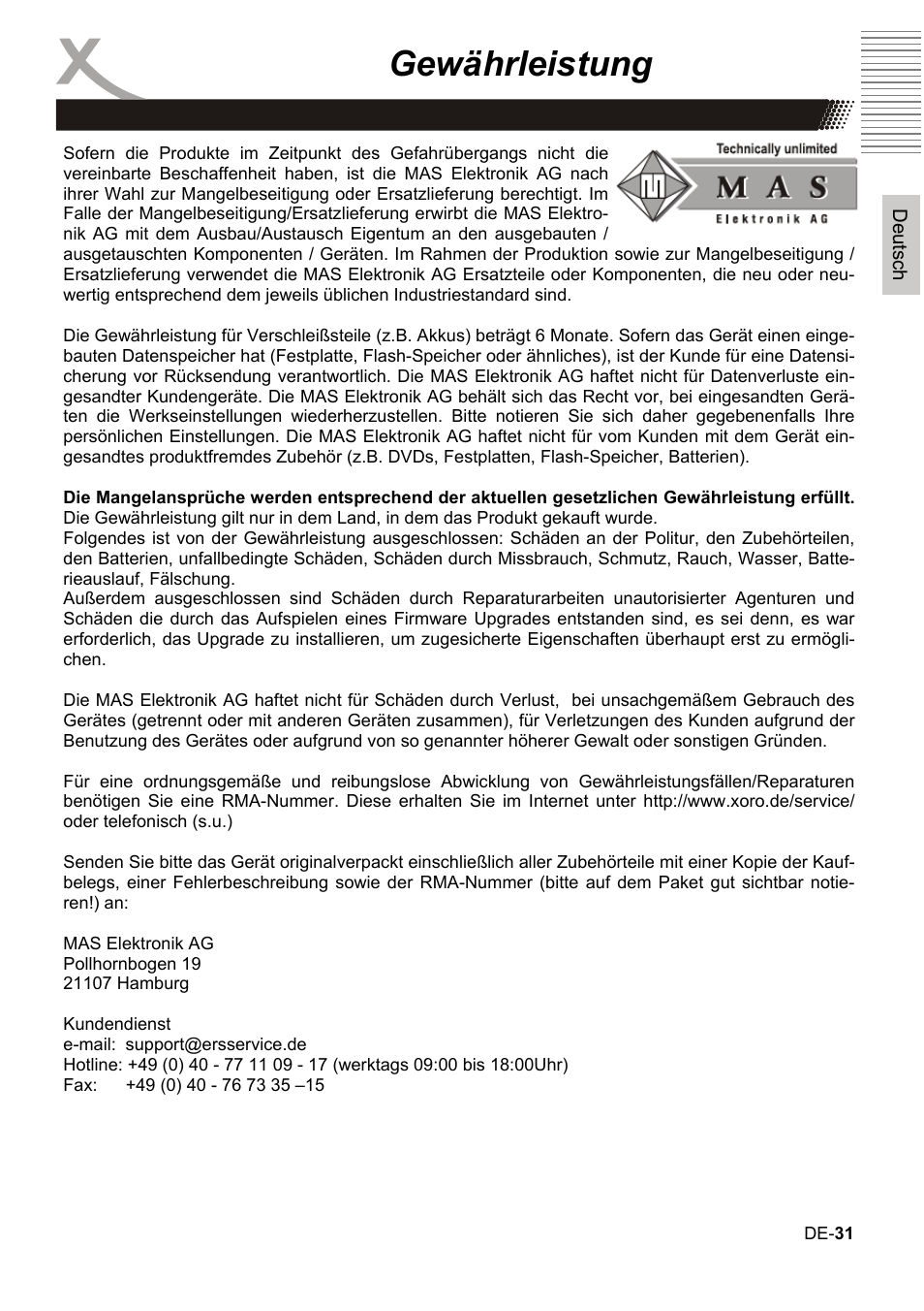 Gewährleistung | Xoro HBD 1000 User Manual | Page 31 / 122