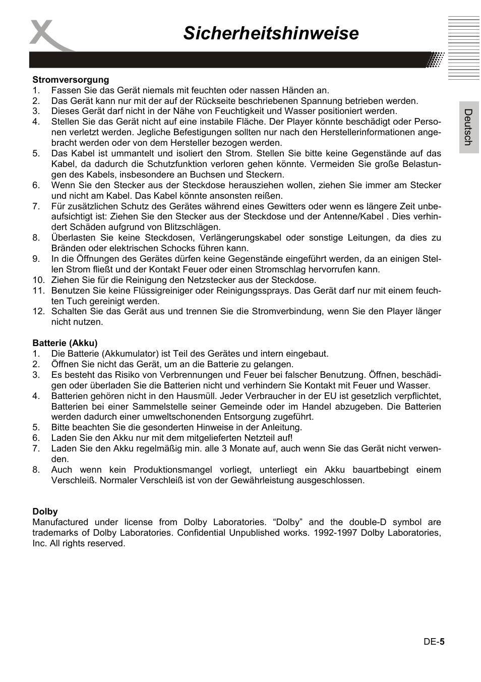 Sicherheitshinweise | Xoro HBD 1000 User Manual | Page 5 / 122