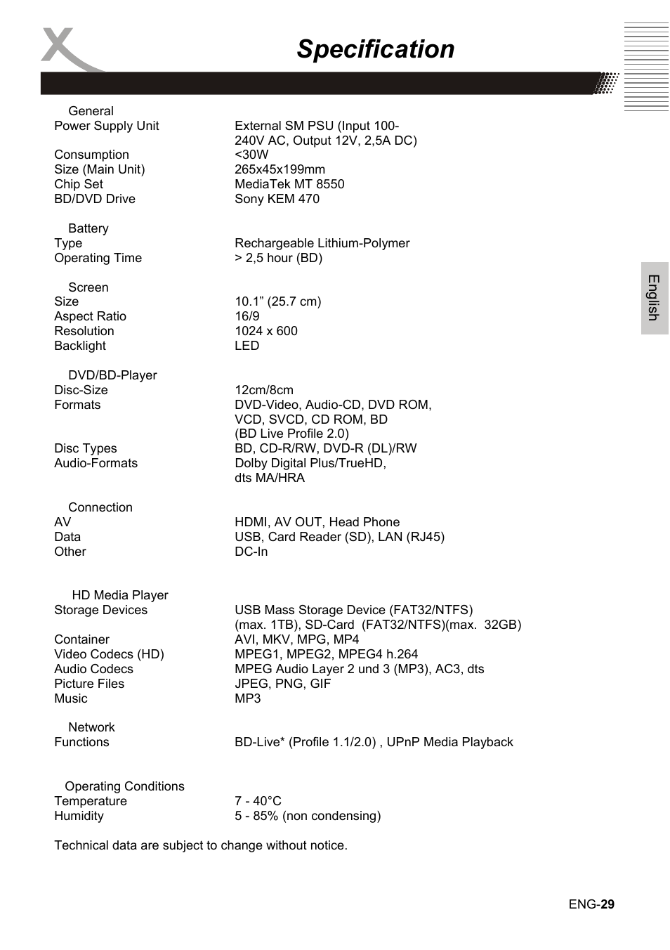 Specification | Xoro HBD 1000 User Manual | Page 59 / 122