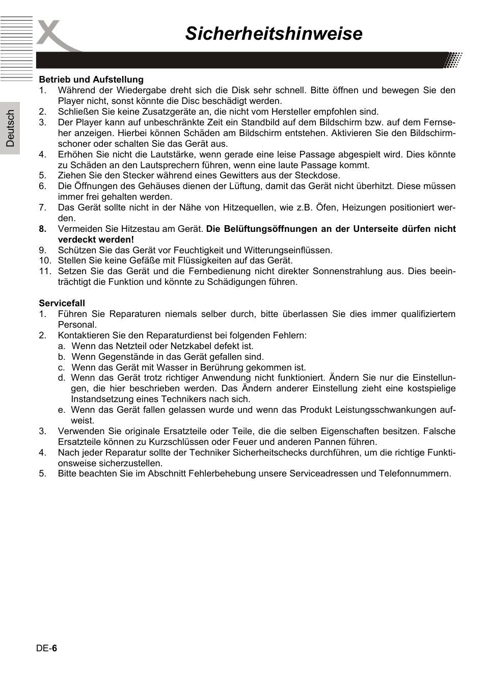 Sicherheitshinweise | Xoro HBD 1000 User Manual | Page 6 / 122