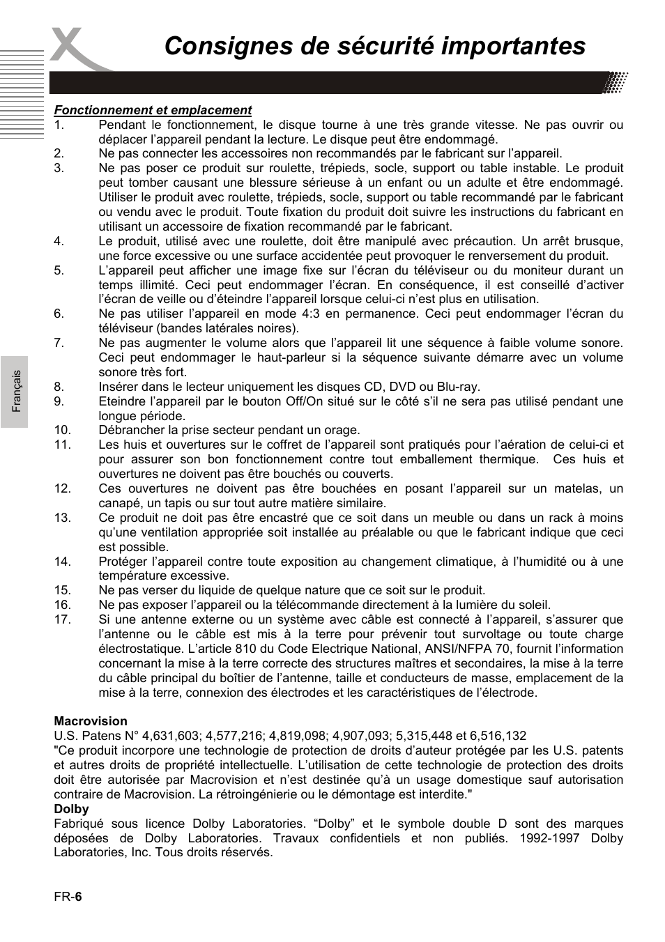 Consignes de sécurité importantes | Xoro HBD 1000 User Manual | Page 66 / 122