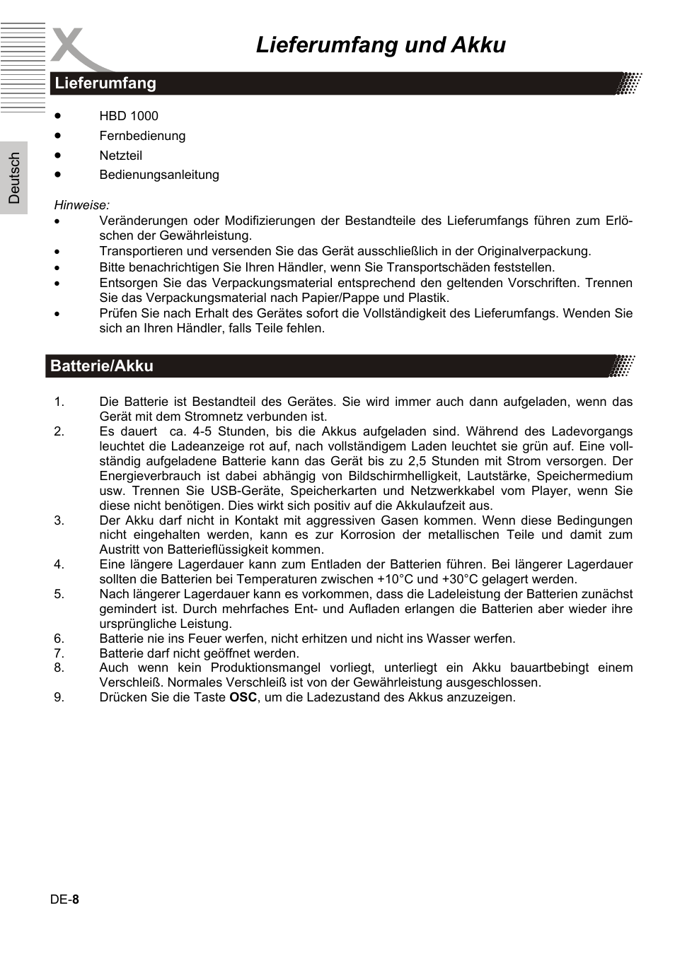 Lieferumfang und akku | Xoro HBD 1000 User Manual | Page 8 / 122