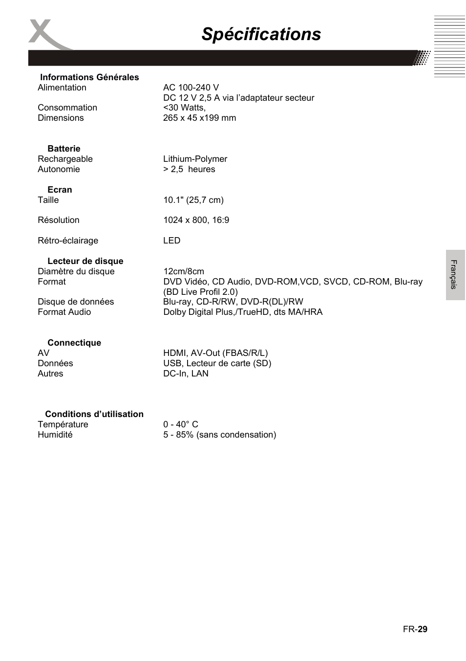 Spécifications | Xoro HBD 1000 User Manual | Page 89 / 122