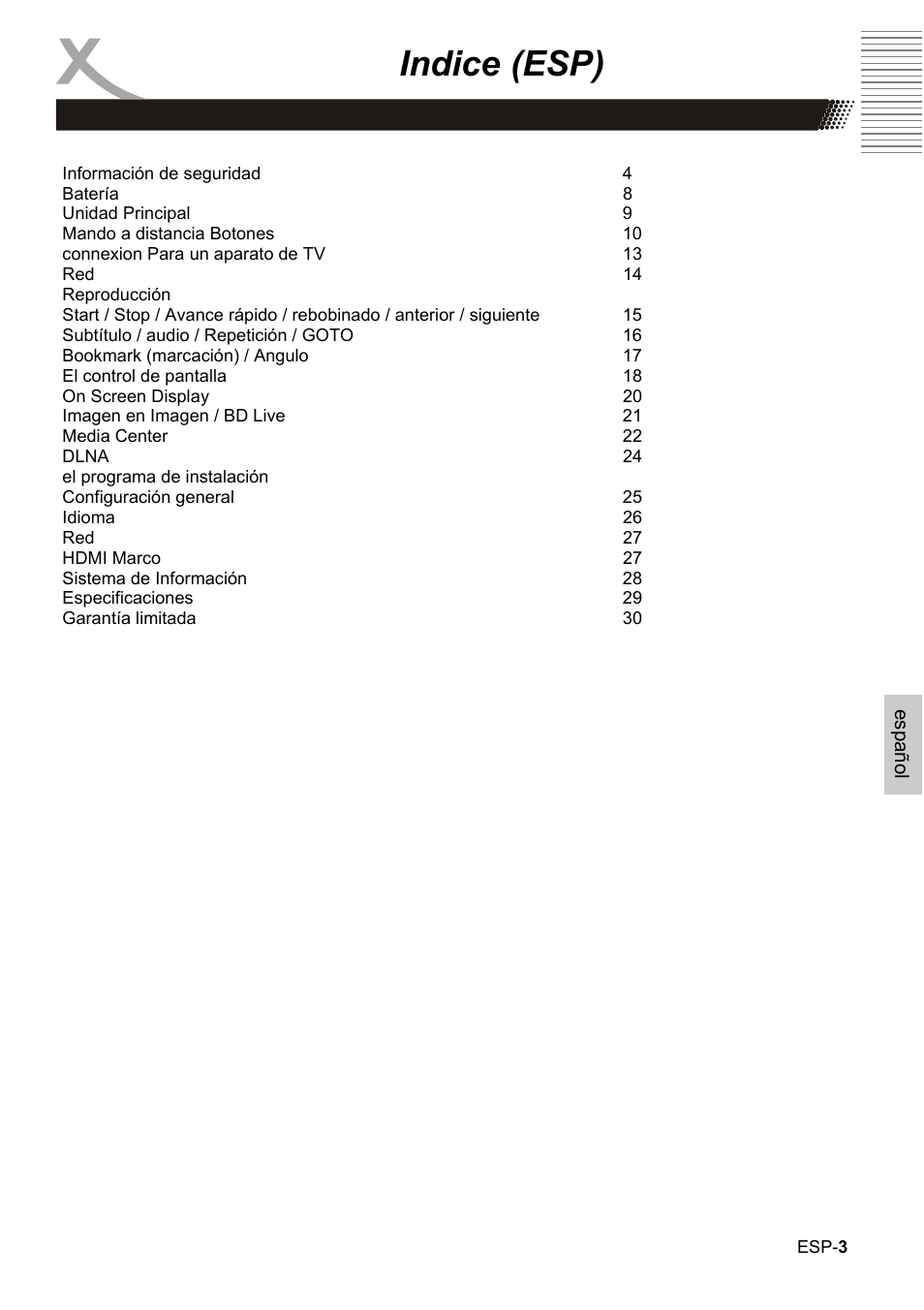 Indice (esp) | Xoro HBD 1000 User Manual | Page 93 / 122