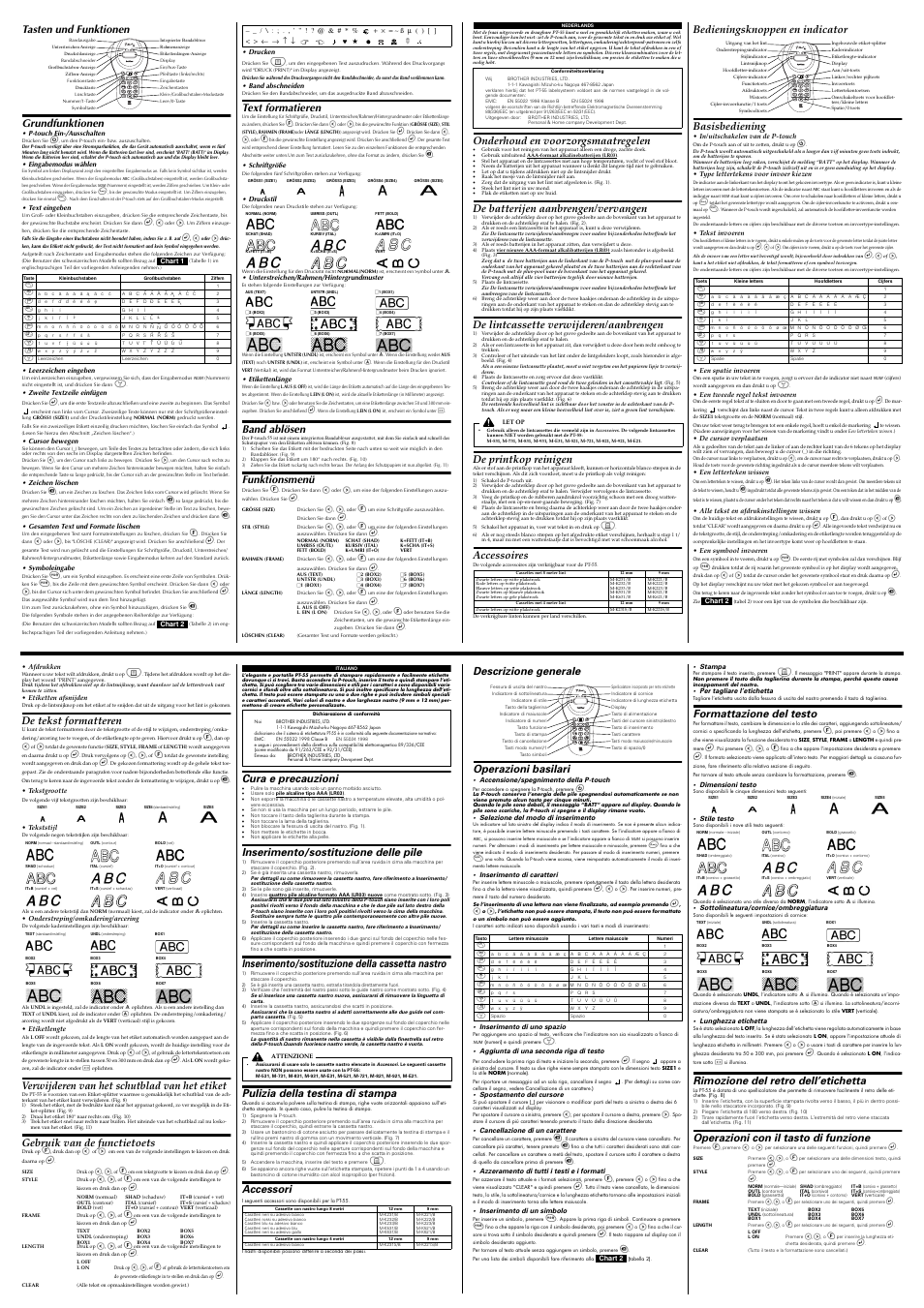 Tasten und funktionen grundfunktionen, Text formatieren, Band ablösen | Funktionsmenü, Onderhoud en voorzorgsmaatregelen, De batterijen aanbrengen/vervangen, De lintcassette verwijderen/aanbrengen, De printkop reinigen, Accessoires, Bedieningsknoppen en indicator basisbediening | Brother PT-55 User Manual | Page 2 / 2