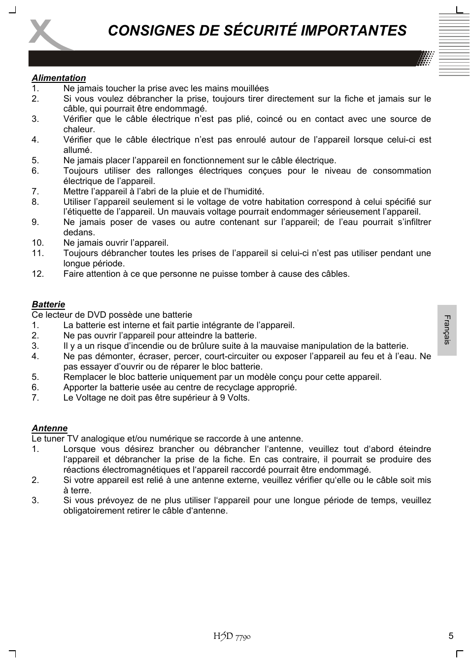 Consignes de sécurité importantes | Xoro HSD 7790 User Manual | Page 101 / 146