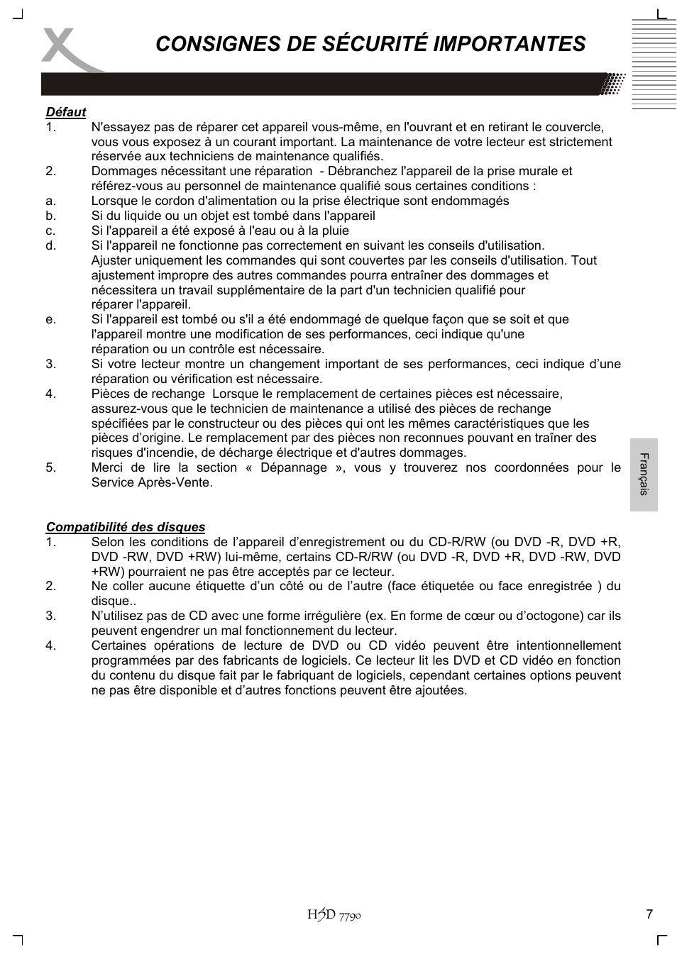 Consignes de sécurité importantes | Xoro HSD 7790 User Manual | Page 103 / 146