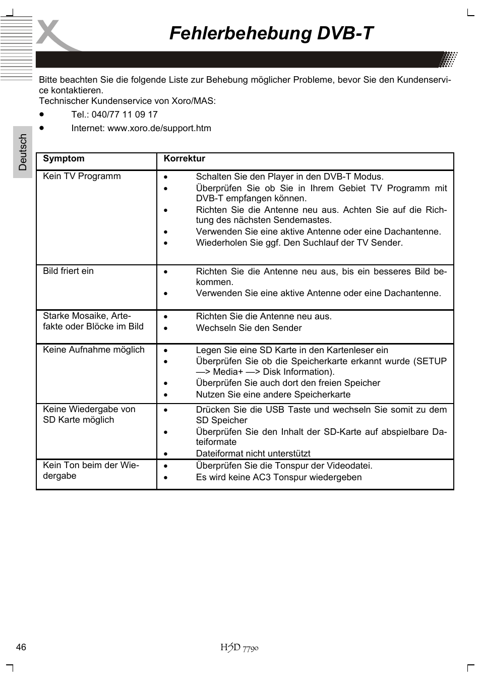 Fehlerbehebung dvb-t | Xoro HSD 7790 User Manual | Page 46 / 146