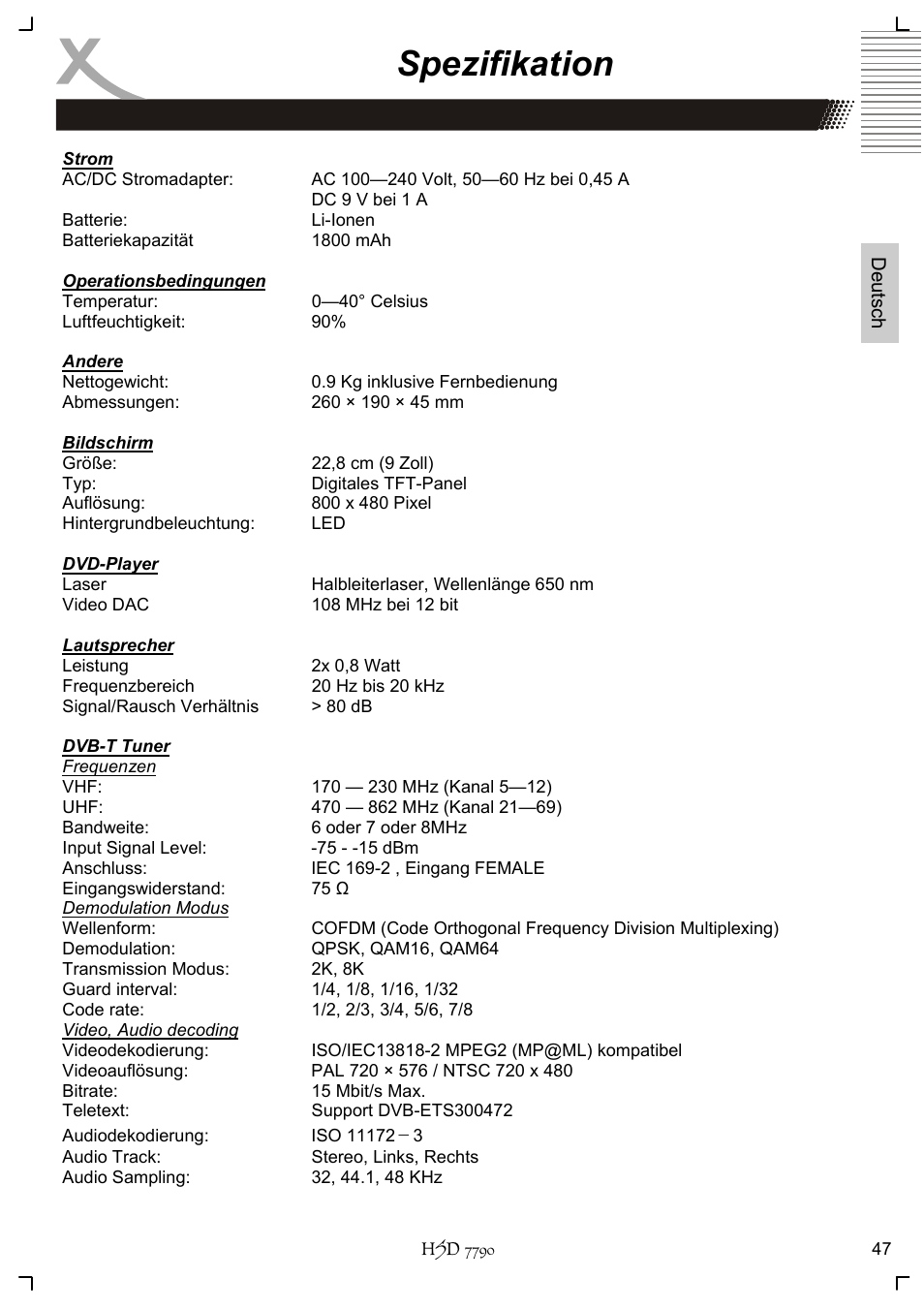 Spezifikation | Xoro HSD 7790 User Manual | Page 47 / 146