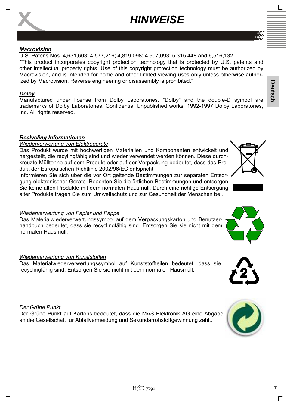 Hinweise | Xoro HSD 7790 User Manual | Page 7 / 146