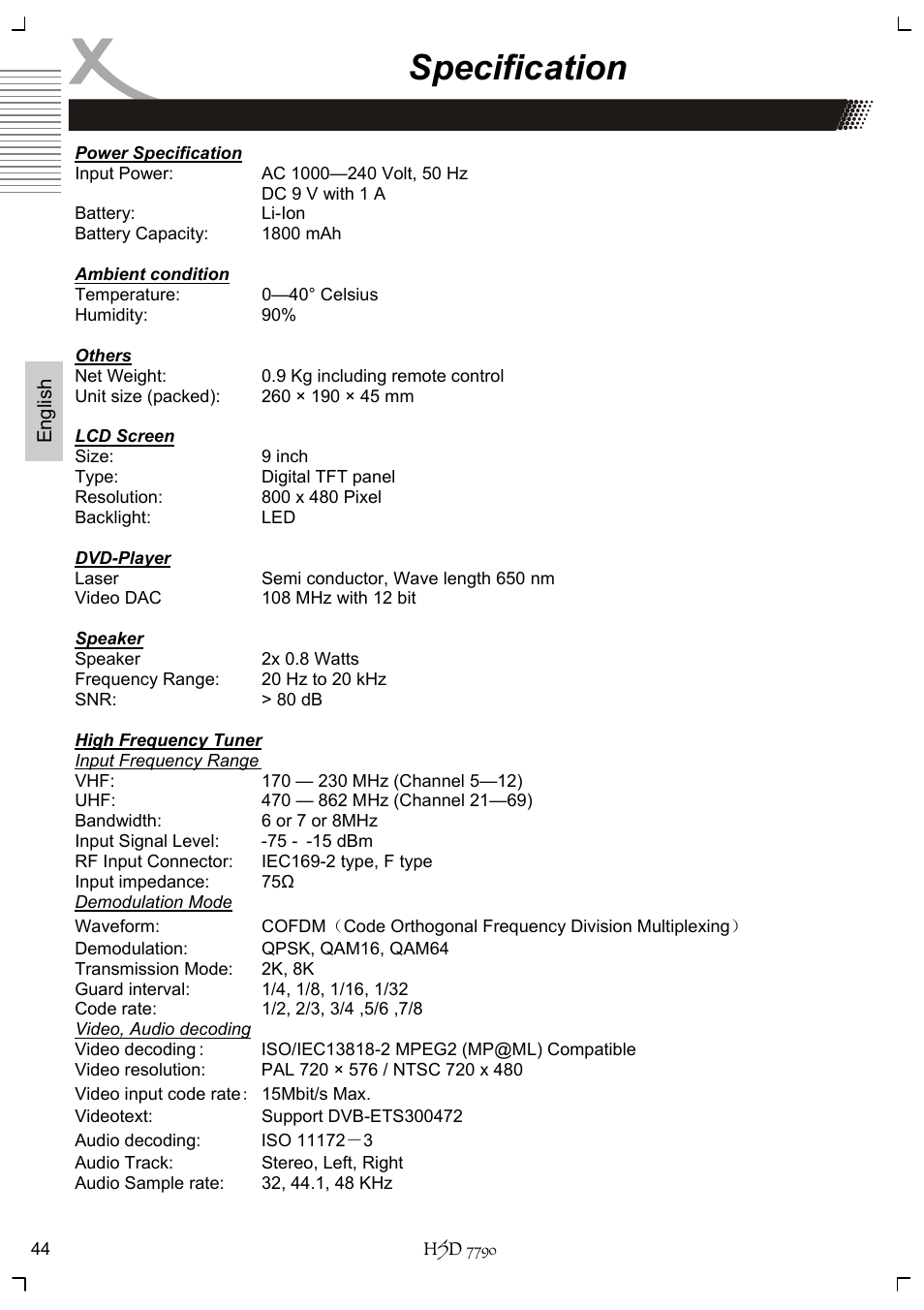 Specification | Xoro HSD 7790 User Manual | Page 94 / 146