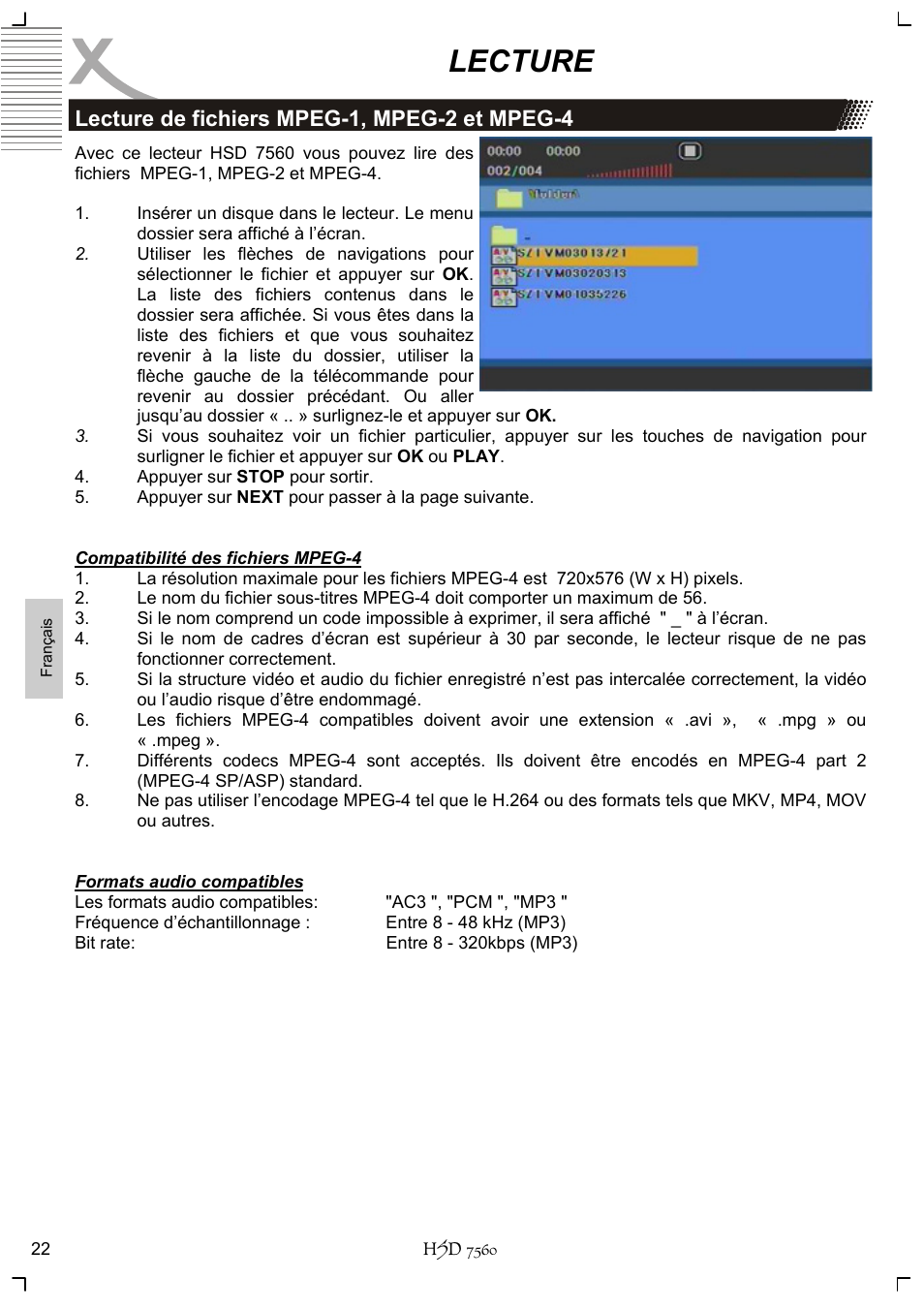 Lecture, Lecture de fichiers mpeg-1, mpeg-2 et mpeg-4 | Xoro HSD 7560 User Manual | Page 118 / 146