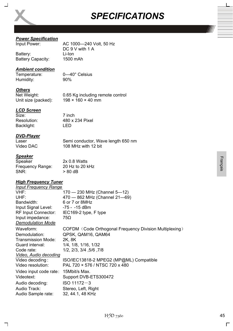 Specifications | Xoro HSD 7560 User Manual | Page 141 / 146