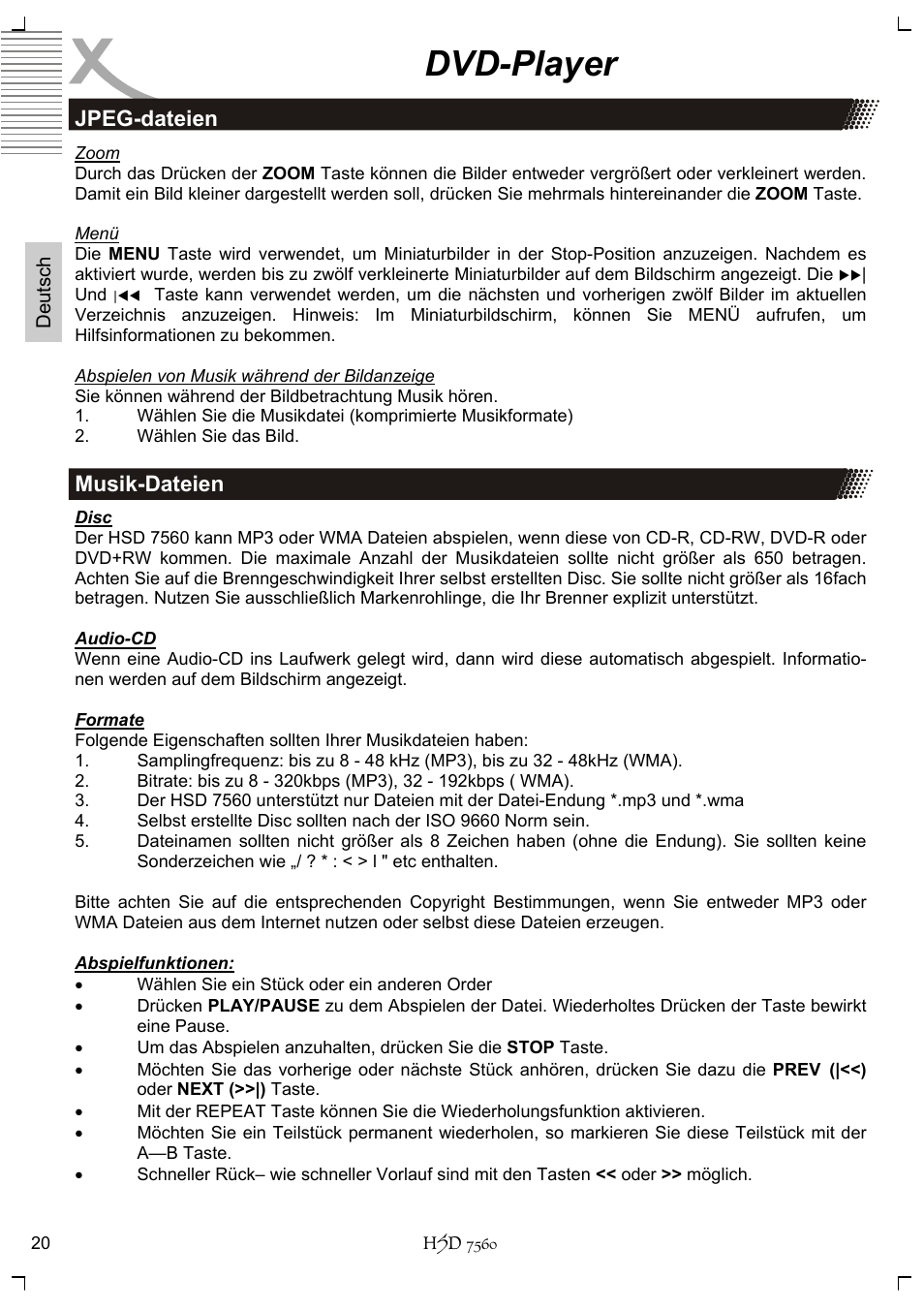 Dvd-player, Musik-dateien, Jpeg-dateien | Xoro HSD 7560 User Manual | Page 20 / 146