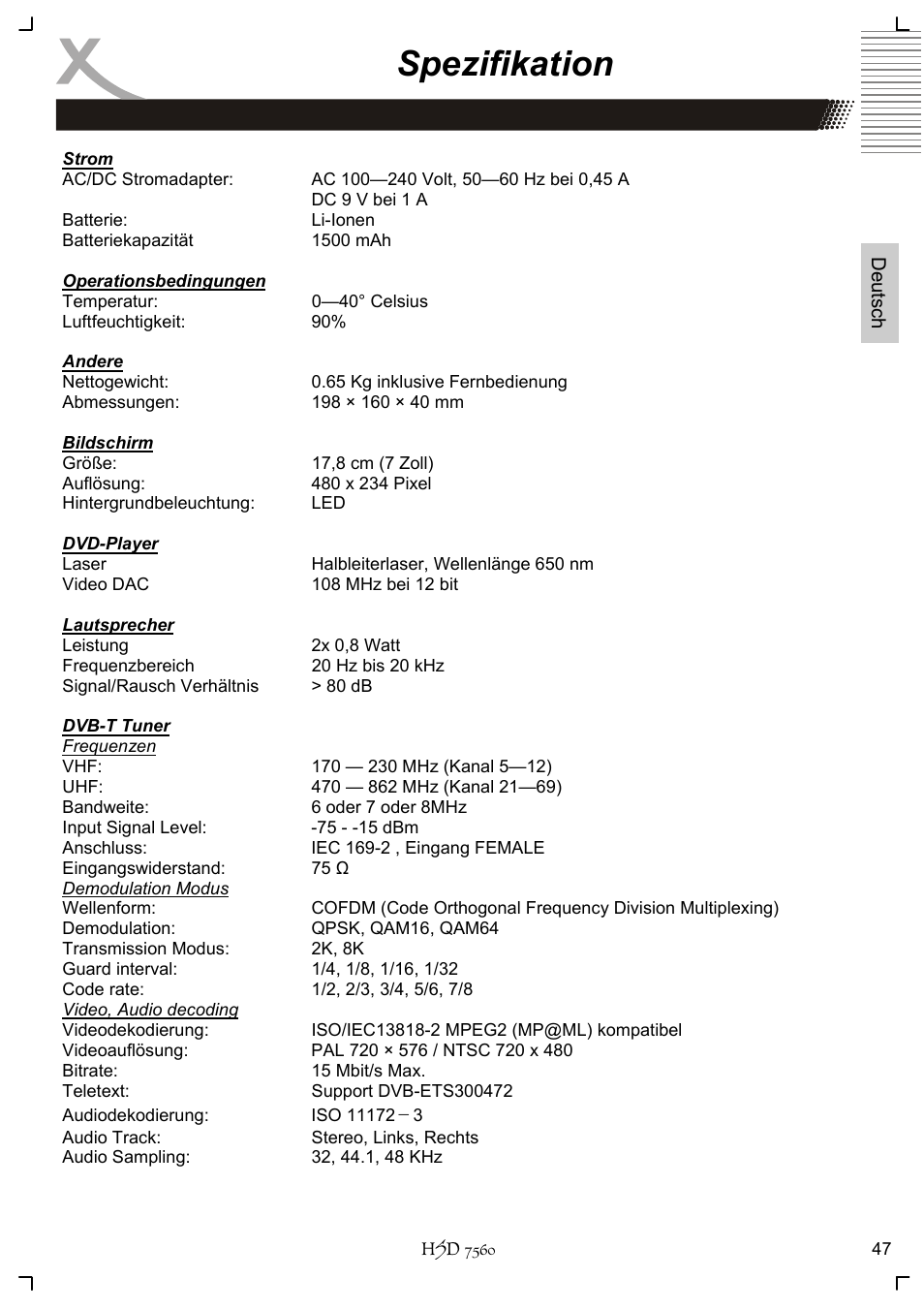 Spezifikation | Xoro HSD 7560 User Manual | Page 47 / 146
