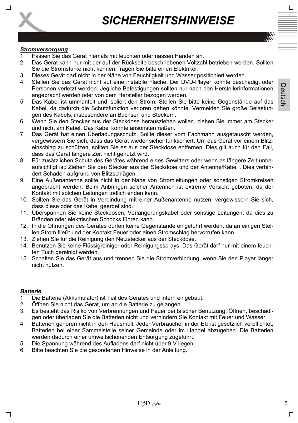 Sicherheitshinweise | Xoro HSD 7560 User Manual | Page 5 / 146