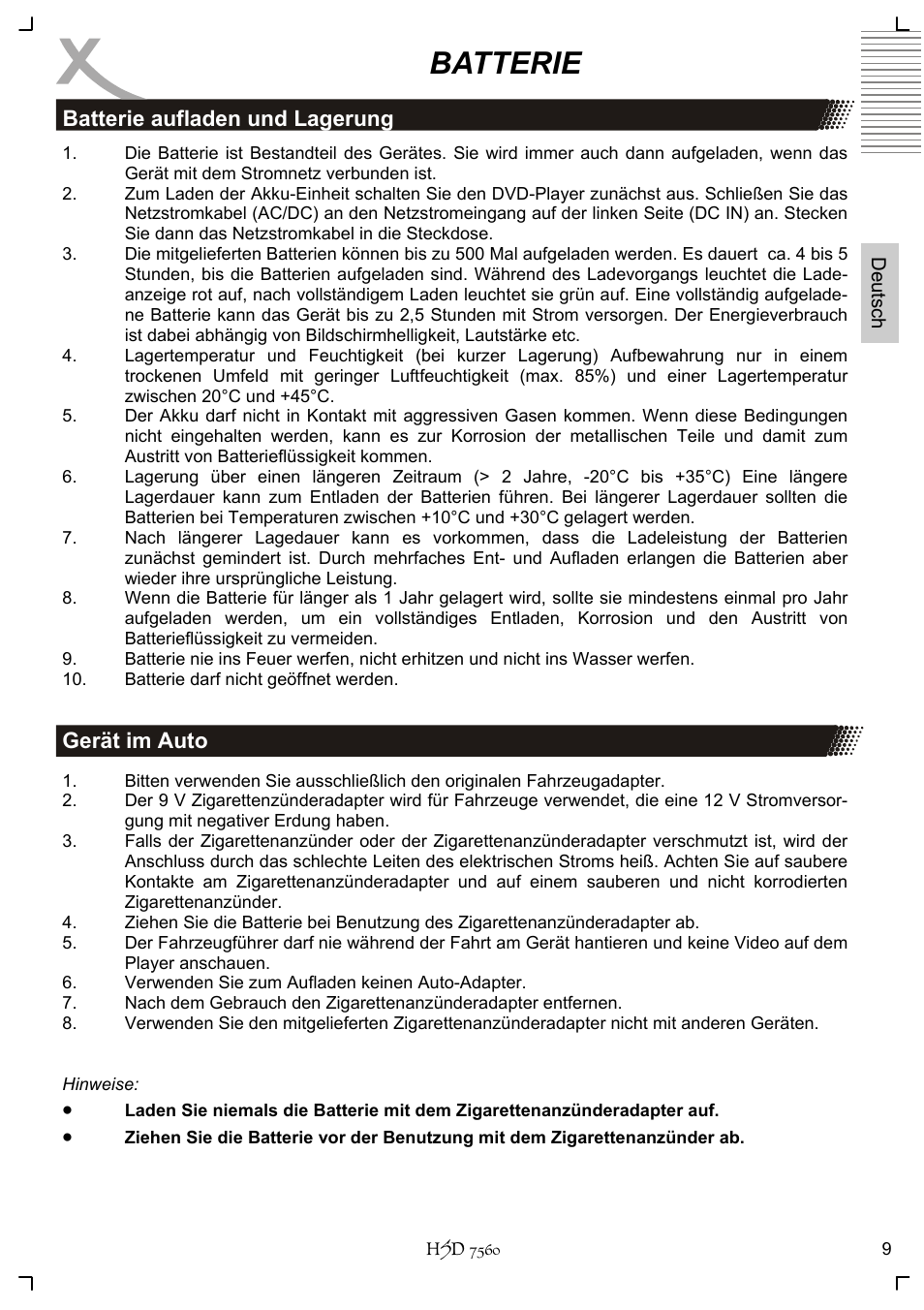 Batterie | Xoro HSD 7560 User Manual | Page 9 / 146