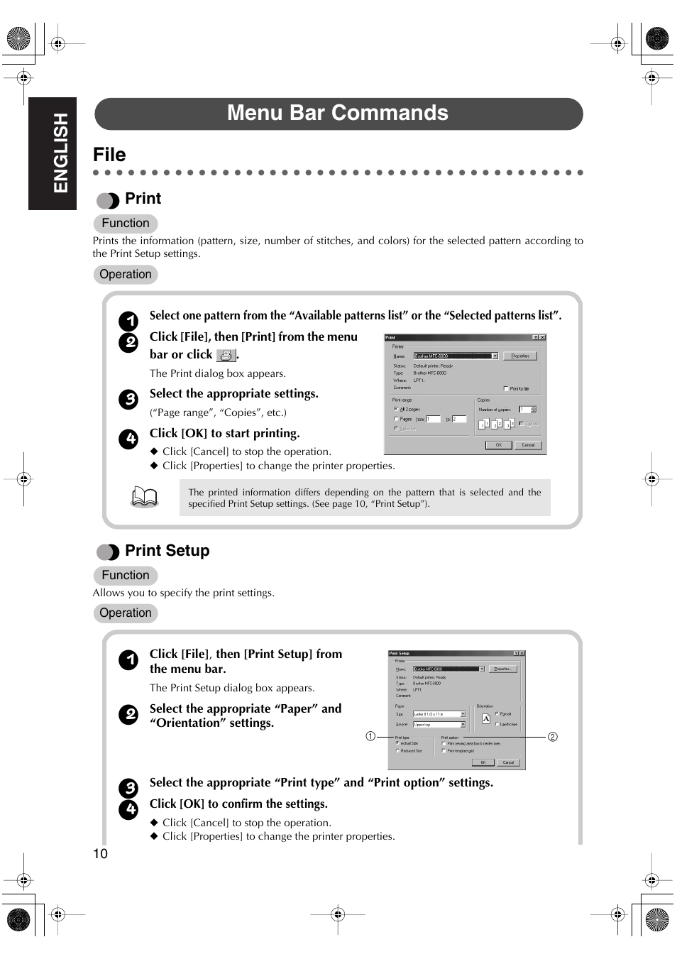 Menu bar commands, File, English | Print, Print setup | Brother PED-Basic User Manual | Page 14 / 100