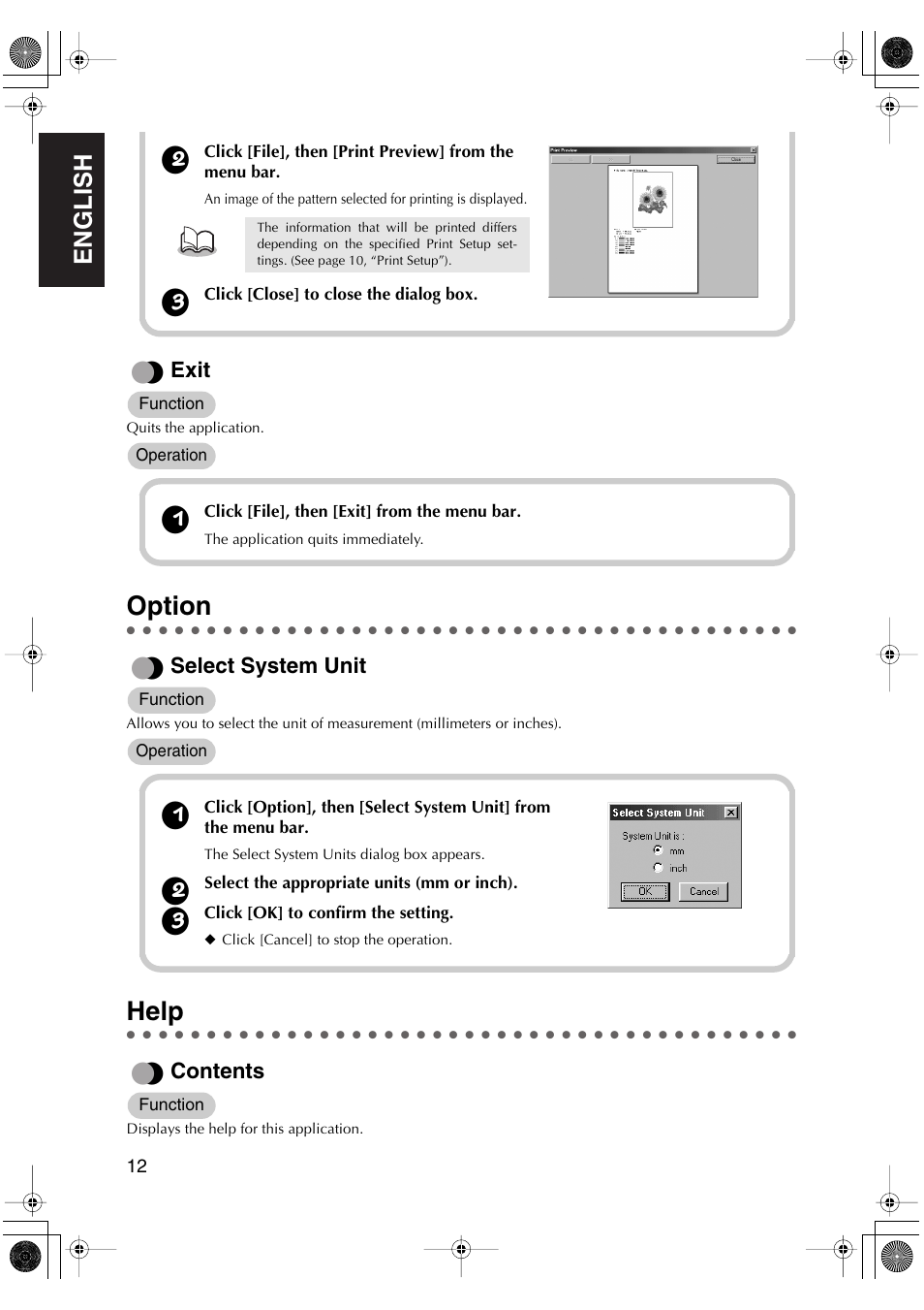 Option, Help, English | Brother PED-Basic User Manual | Page 16 / 100