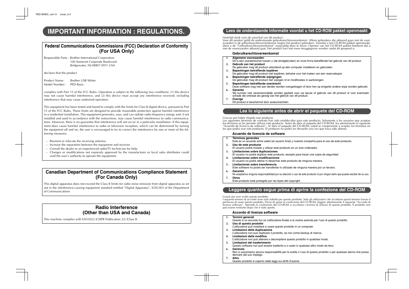 Important information : regulations, Radio interference (other than usa and canada) | Brother PED-Basic User Manual | Page 2 / 100