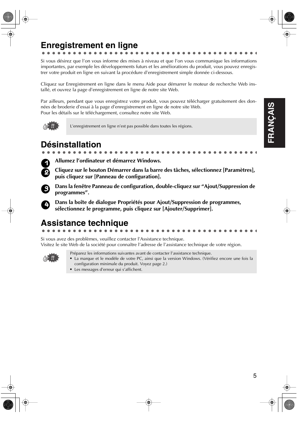 Enregistrement en ligne, Désinstallation, Assistance technique | English fran ç ais english english english english | Brother PED-Basic User Manual | Page 25 / 100