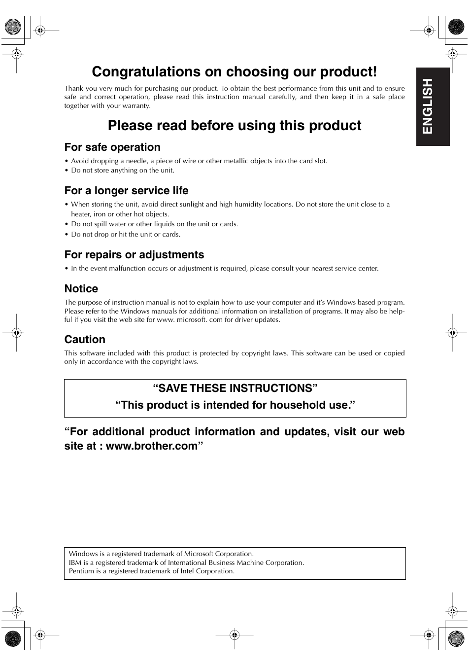 Please read before using this product, English | Brother PED-Basic User Manual | Page 3 / 100