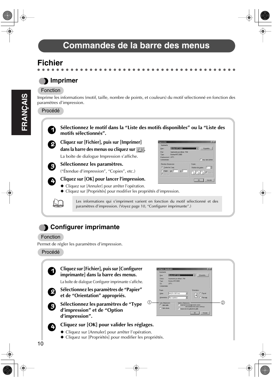 Commandes de la barre des menus, Fichier, English fran ç ais english english english english | Imprimer, Configurer imprimante | Brother PED-Basic User Manual | Page 30 / 100
