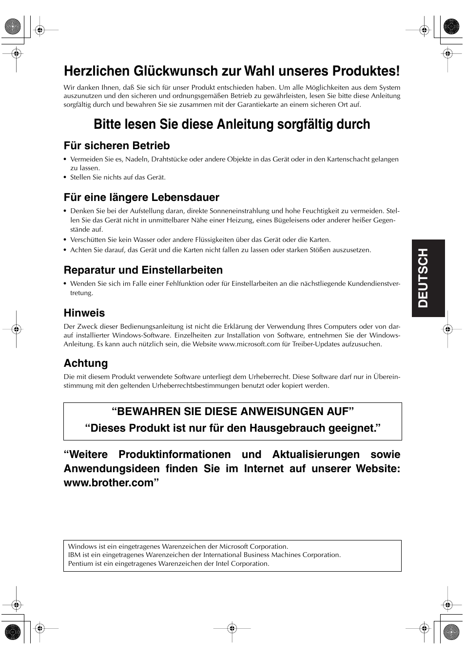 Herzlichen glückwunsch zur wahl unseres produktes, Bitte lesen sie diese anleitung sorgfältig durch, English | English deutsch english english english, Für sicheren betrieb, Für eine längere lebensdauer, Reparatur und einstellarbeiten, Hinweis, Achtung | Brother PED-Basic User Manual | Page 35 / 100