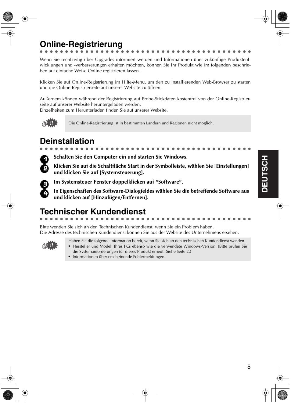Online-registrierung, Deinstallation, Technischer kundendienst | English, English deutsch english english english | Brother PED-Basic User Manual | Page 41 / 100