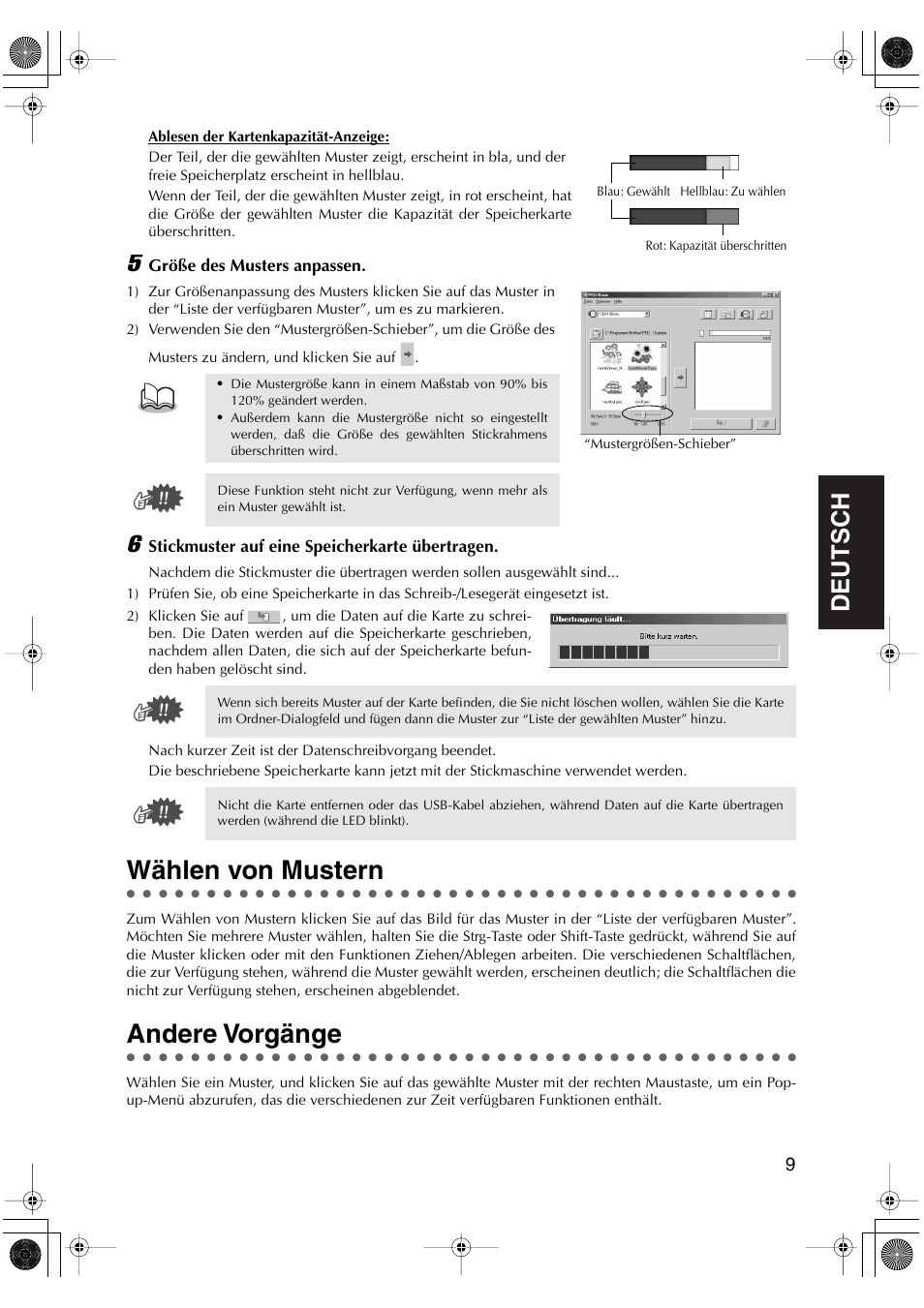 Wählen von mustern, Andere vorgänge, English | English deutsch english english english | Brother PED-Basic User Manual | Page 45 / 100