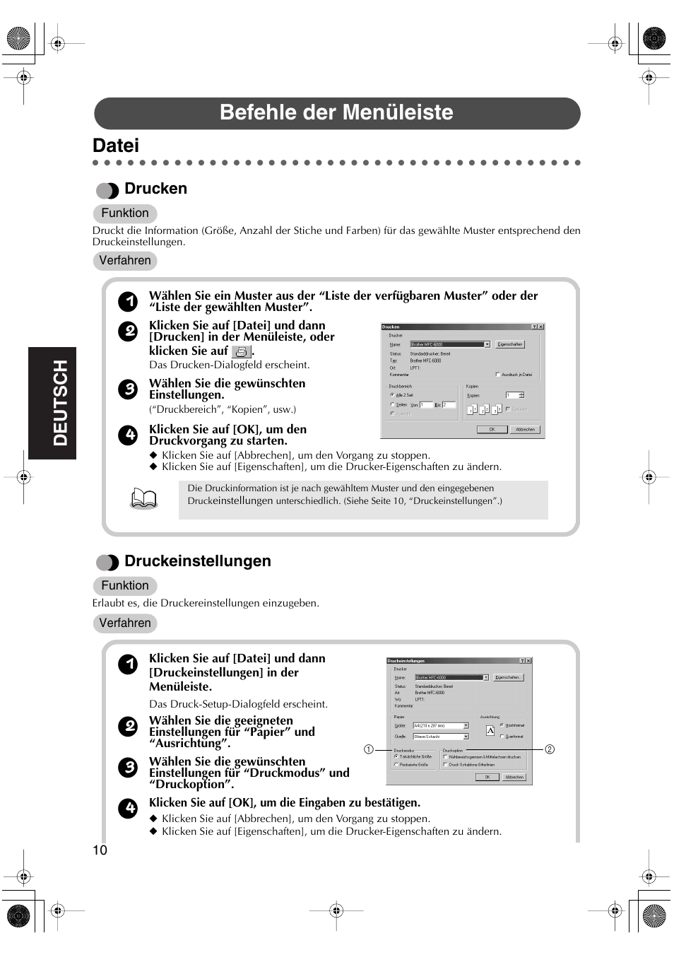 Befehle der menüleiste, Datei, English | English deutsch english english, Drucken, Druckeinstellungen | Brother PED-Basic User Manual | Page 46 / 100