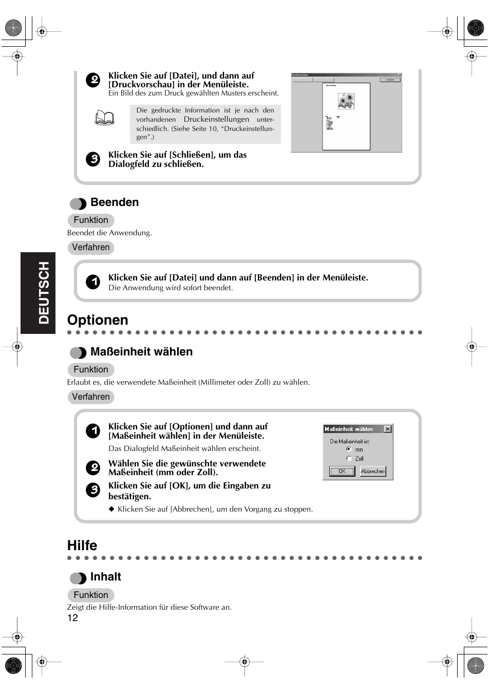 Optionen, Hilfe, English | English deutsch english english, Beenden, Maßeinheit wählen, Inhalt | Brother PED-Basic User Manual | Page 48 / 100