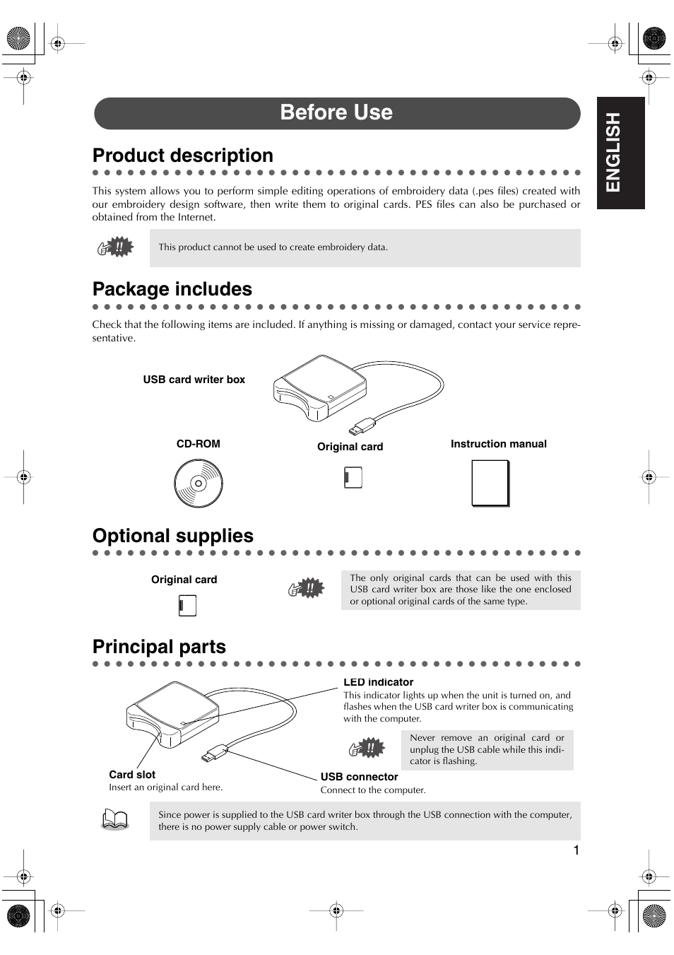 Before use, Product description, Package includes | Optional supplies, Principal parts, English | Brother PED-Basic User Manual | Page 5 / 100