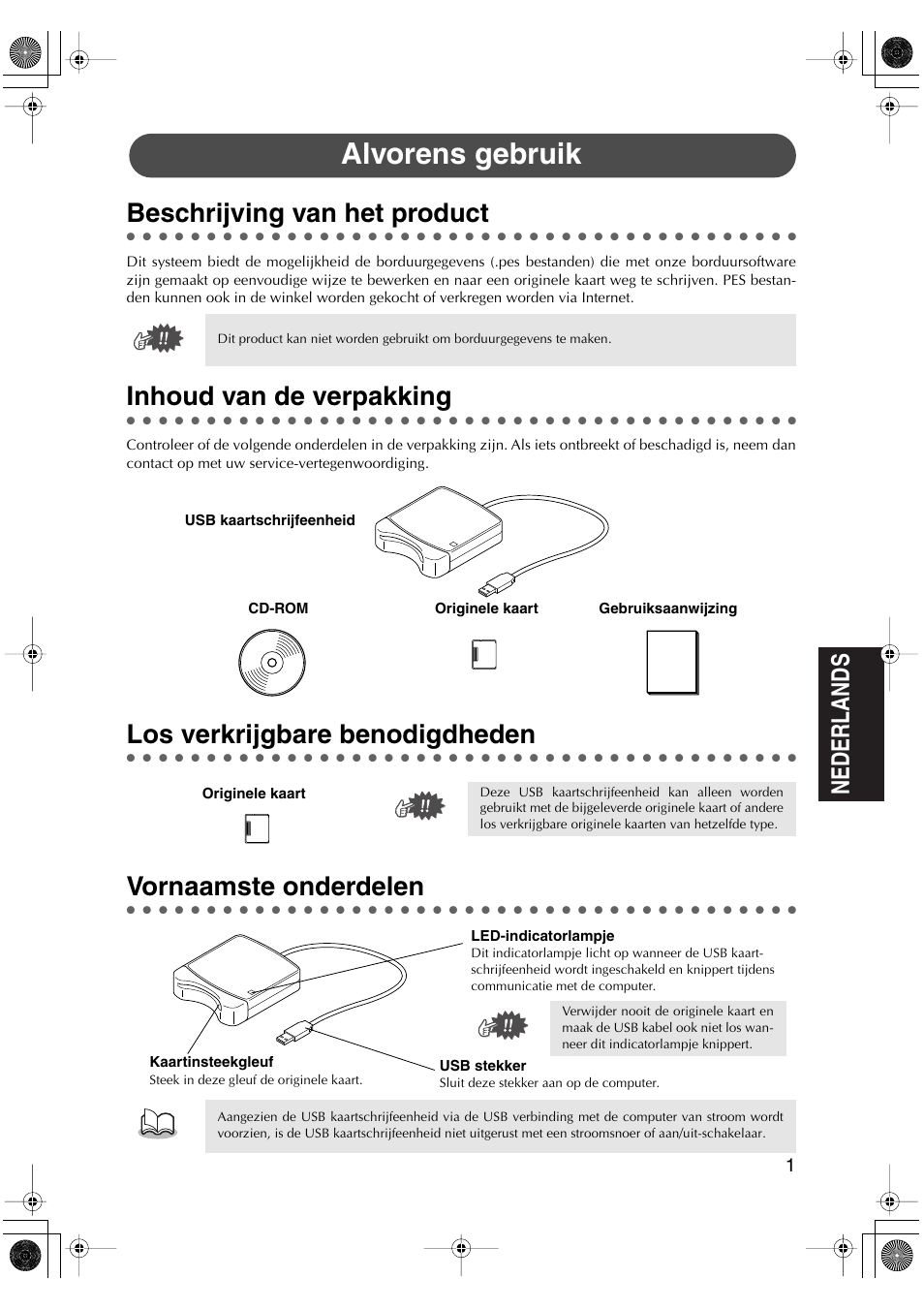 Alvorens gebruik, Beschrijving van het product, Inhoud van de verpakking | Los verkrijgbare benodigdheden, Vornaamste onderdelen | Brother PED-Basic User Manual | Page 53 / 100