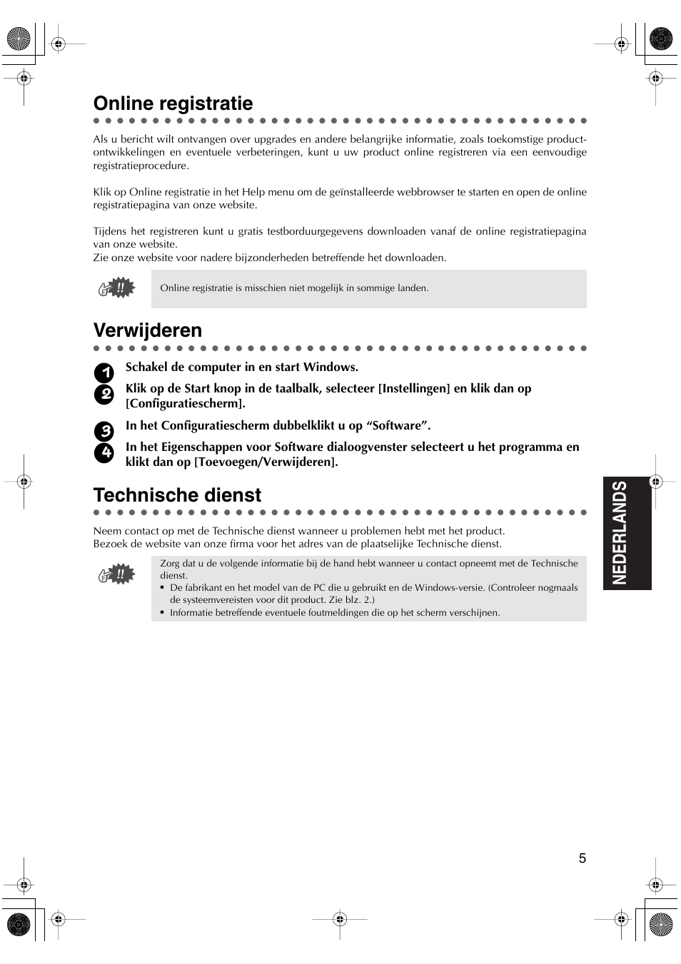 Online registratie, Verwijderen, Technische dienst | Brother PED-Basic User Manual | Page 57 / 100