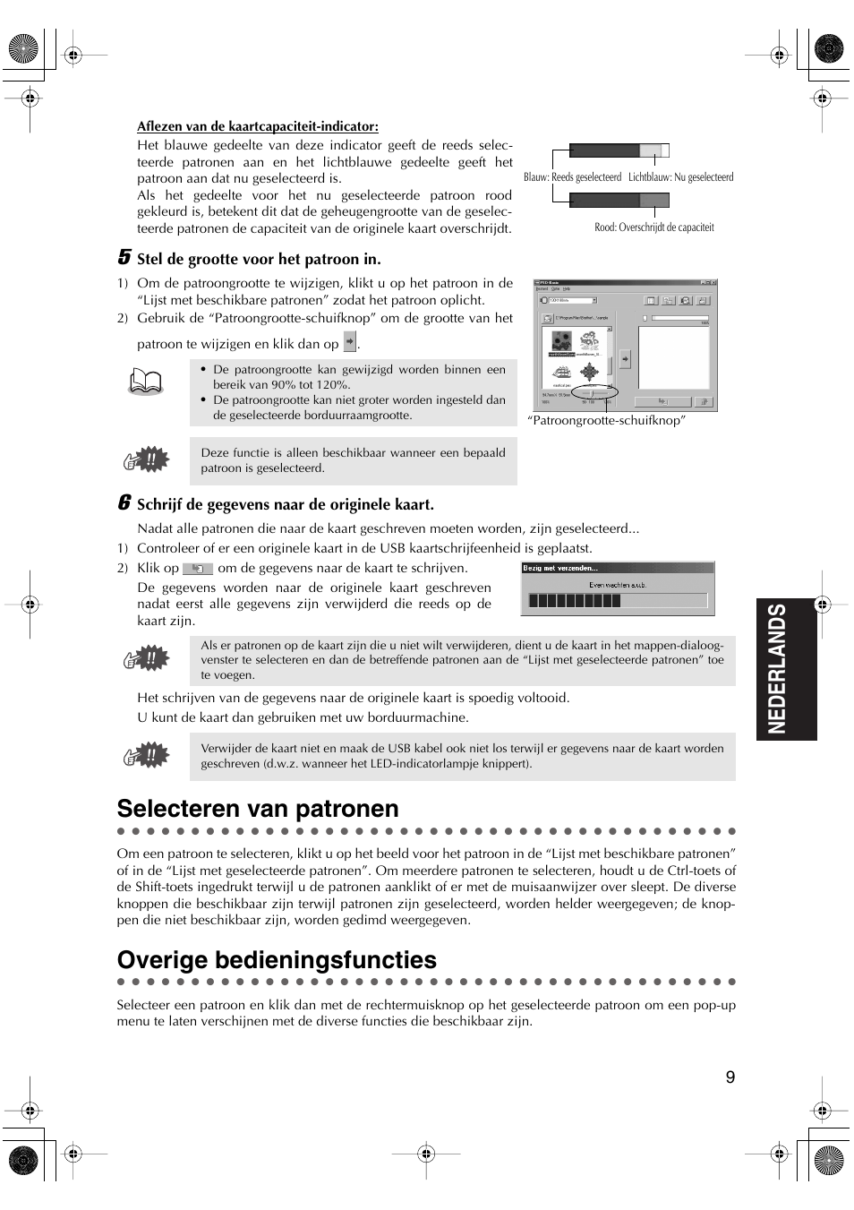 Selecteren van patronen, Overige bedieningsfuncties | Brother PED-Basic User Manual | Page 61 / 100