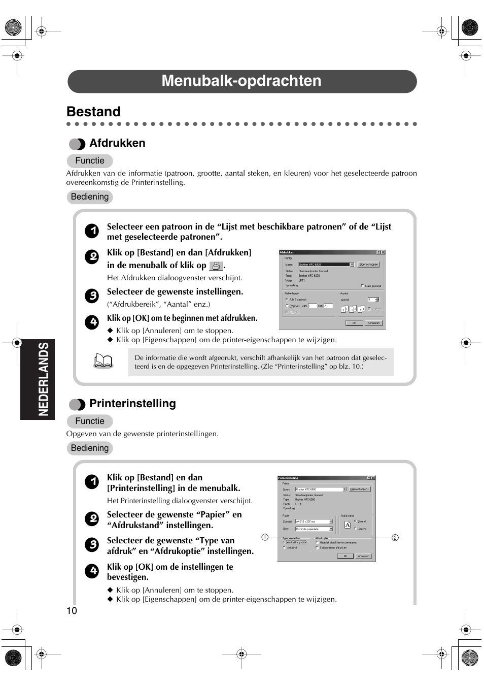 Menubalk-opdrachten, Bestand, Afdrukken | Printerinstelling | Brother PED-Basic User Manual | Page 62 / 100