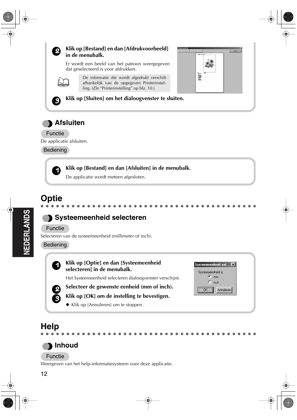 Optie, Help | Brother PED-Basic User Manual | Page 64 / 100